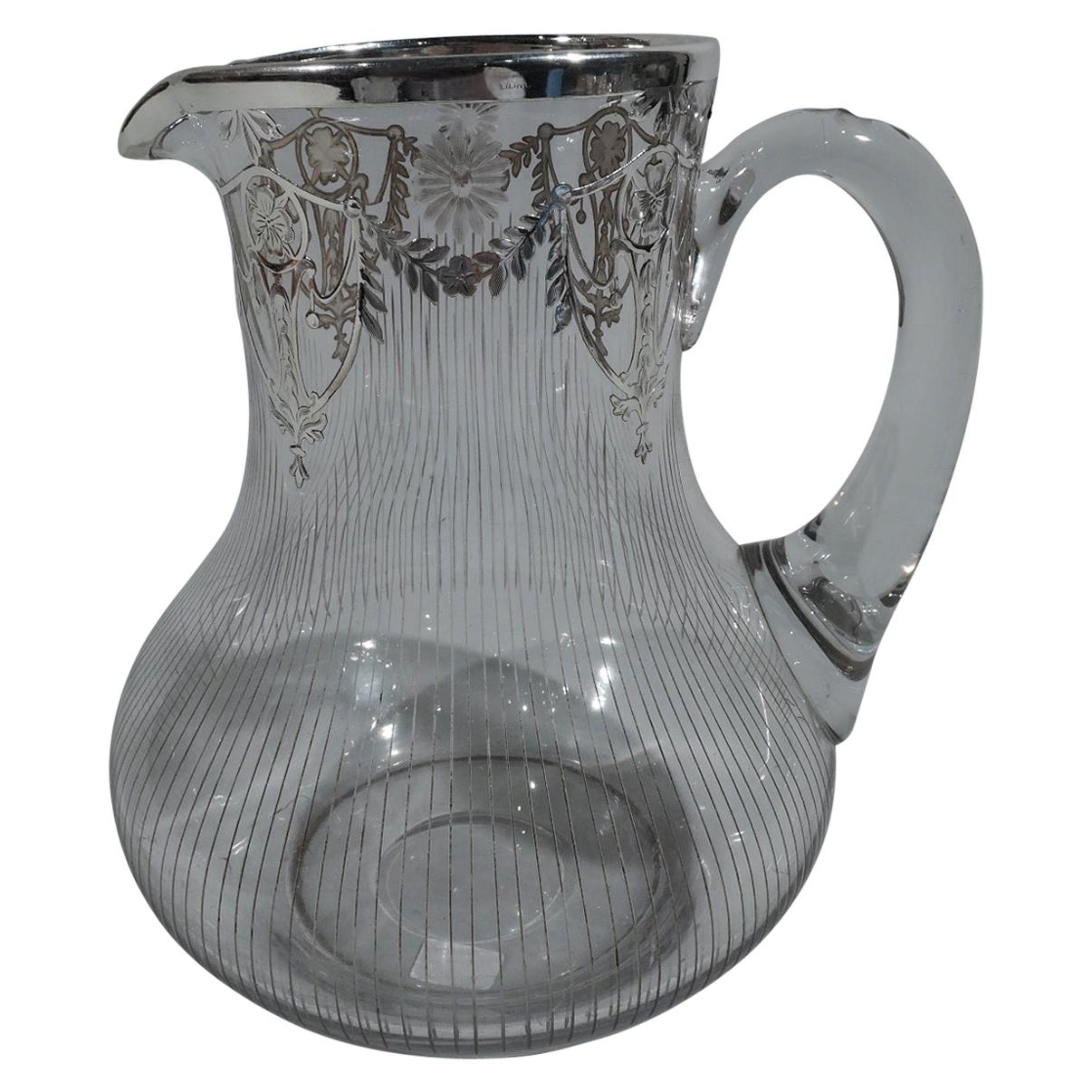 Antique American Edwardian Regency Silver Overlay Water Pitcher