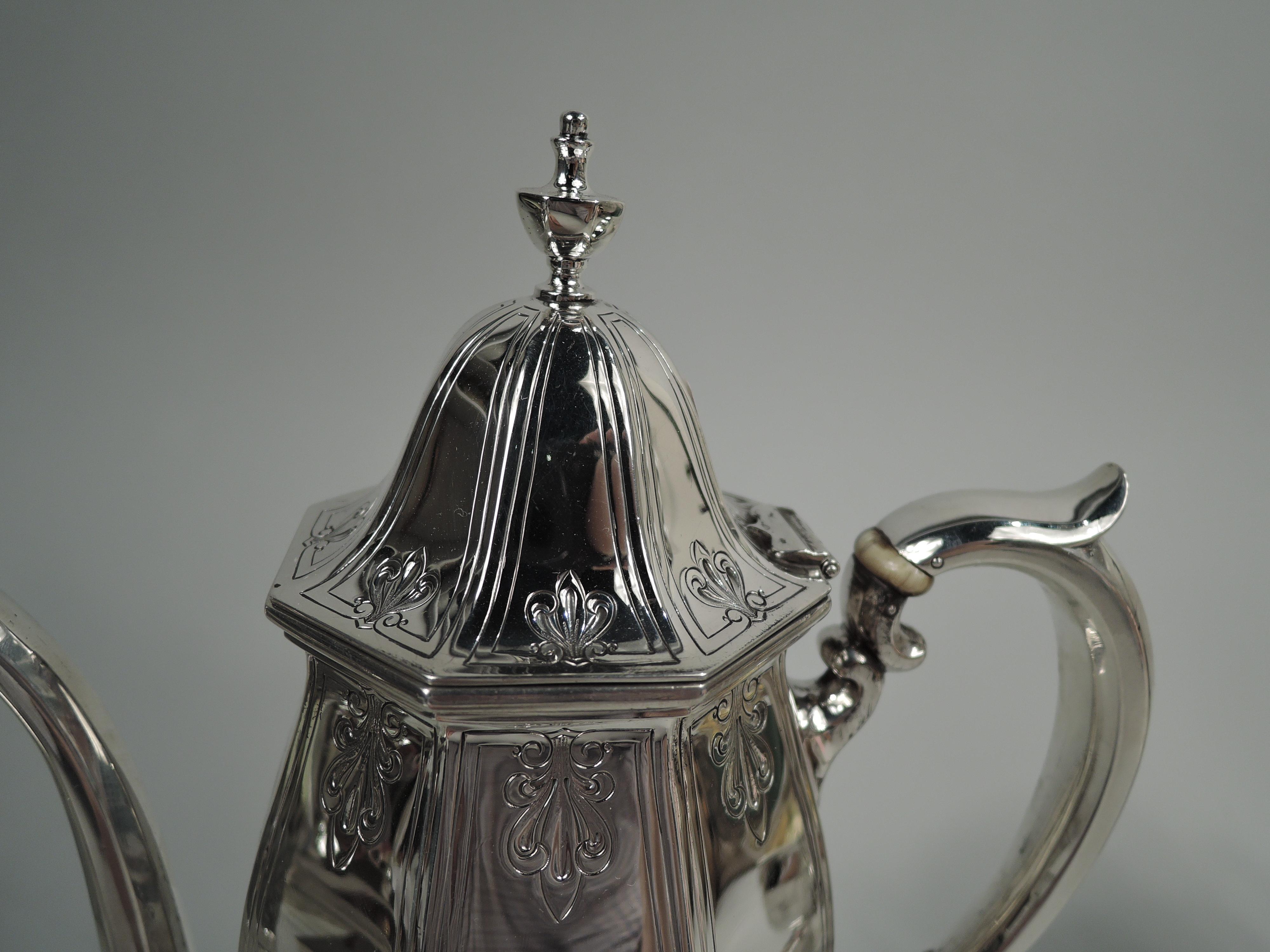 Regency Revival Antique American Edwardian Regency Sterling Silver 3-Piece Coffee Set For Sale