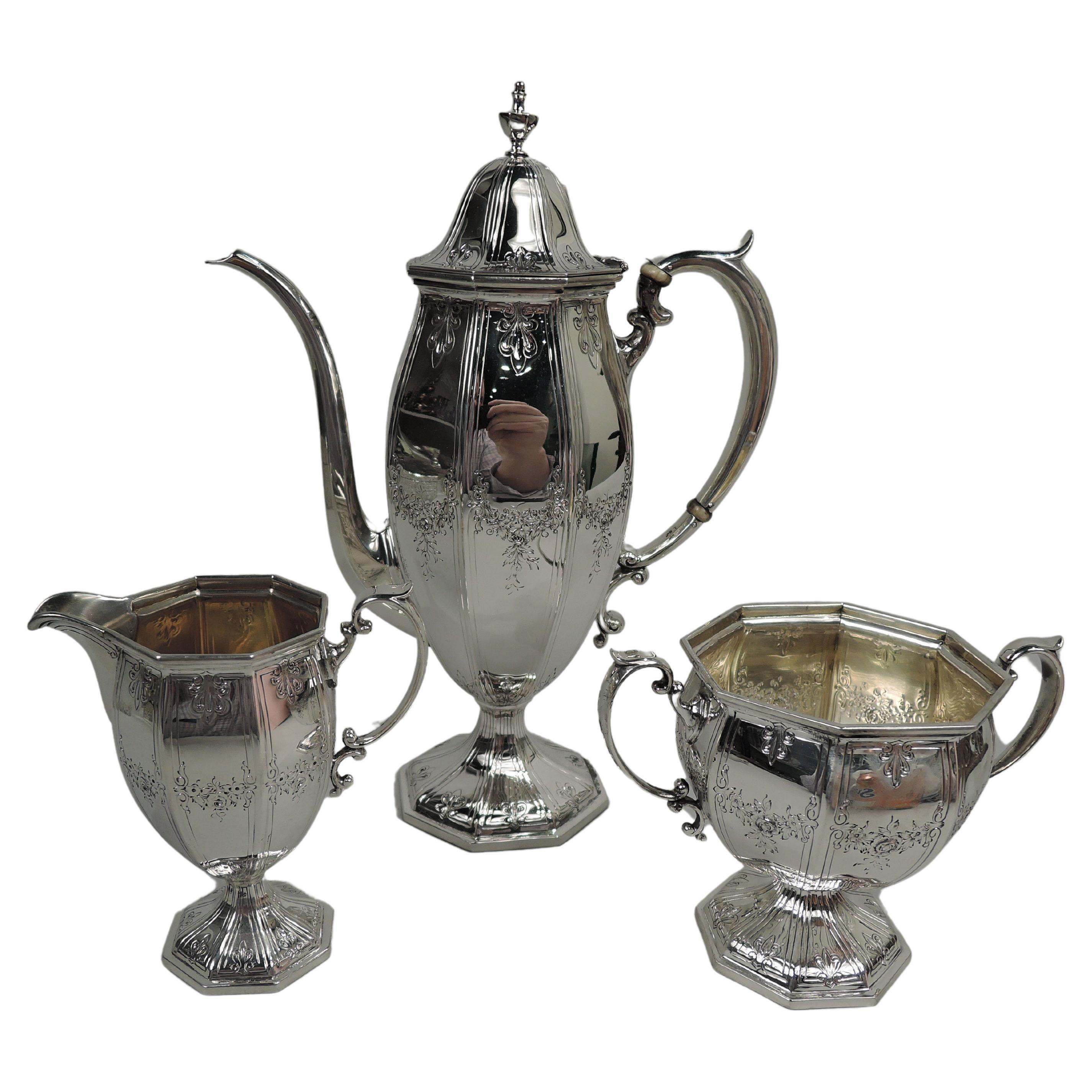 Antique American Edwardian Regency Sterling Silver 3-Piece Coffee Set For Sale