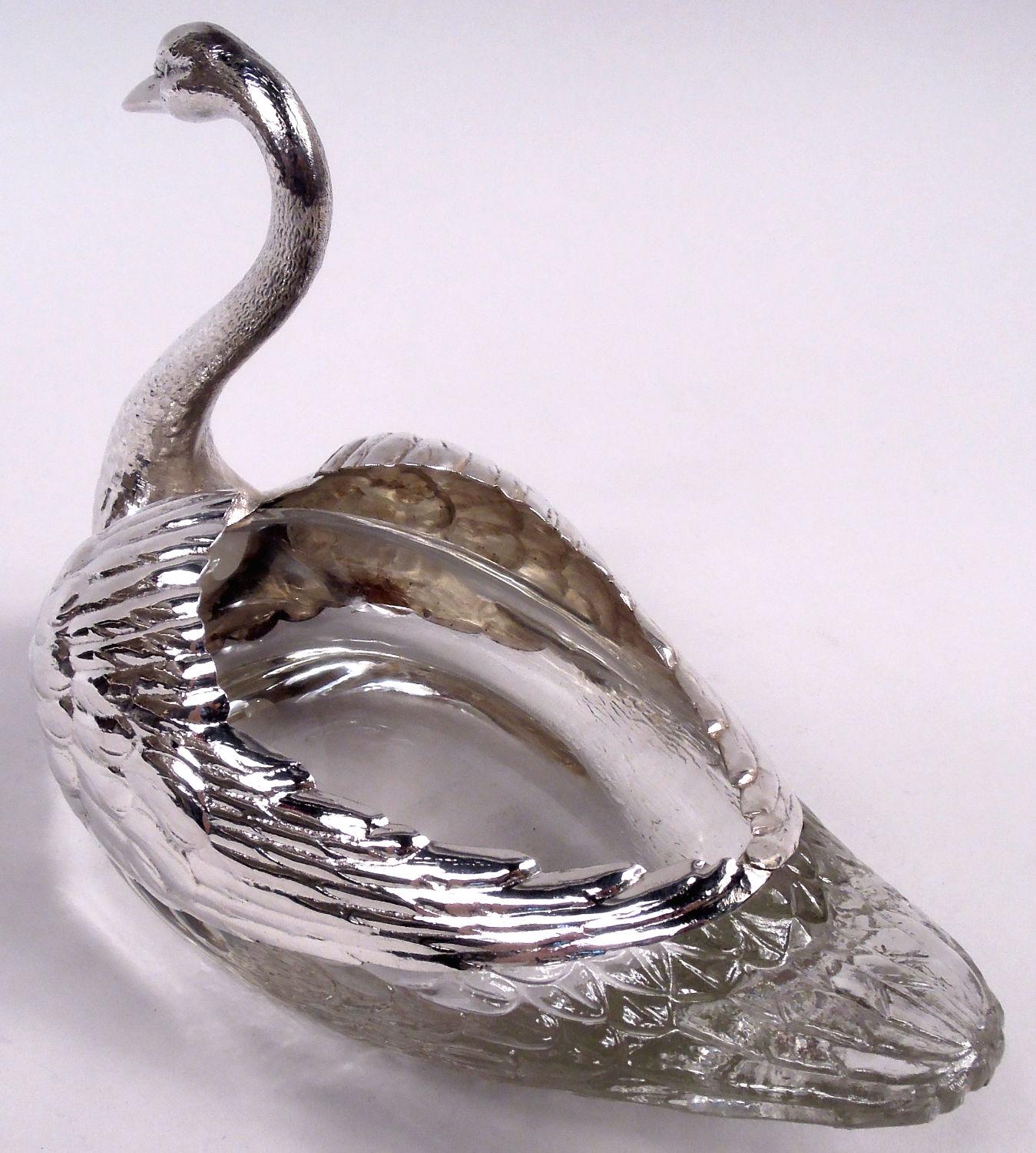 Edoardiano Antica ciotola americana edoardiana in argento sterling e vetro a forma di cigno in vendita