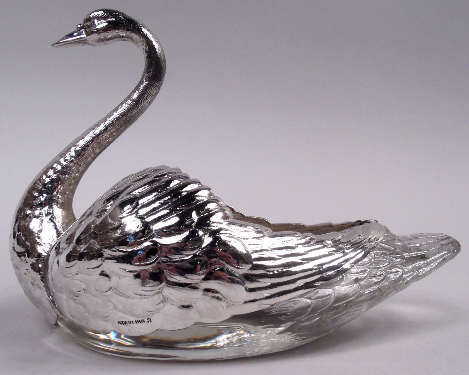 Americano Antica ciotola americana edoardiana in argento sterling e vetro a forma di cigno in vendita