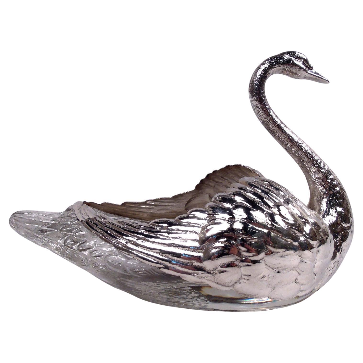Antica ciotola americana edoardiana in argento sterling e vetro a forma di cigno