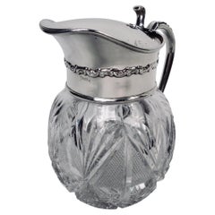 Antique American Edwardian Sterling Silver & Cut-Glass Syrup Jug