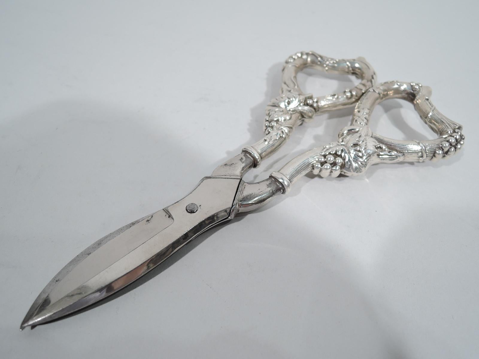Edwardian sterling silver grape shears. Ring handles in form of fruiting grapevine. Fully marked including stamp for Roger Williams, a Providence maker active ca 1901-1913.
