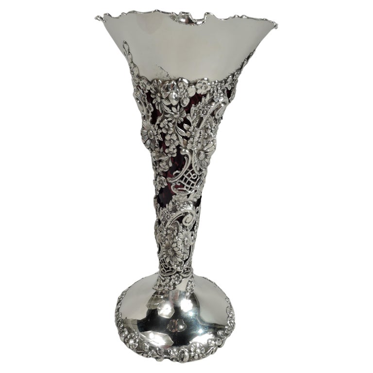 Antique American Edwardian Sterling Silver Vase with Red Glass Liner