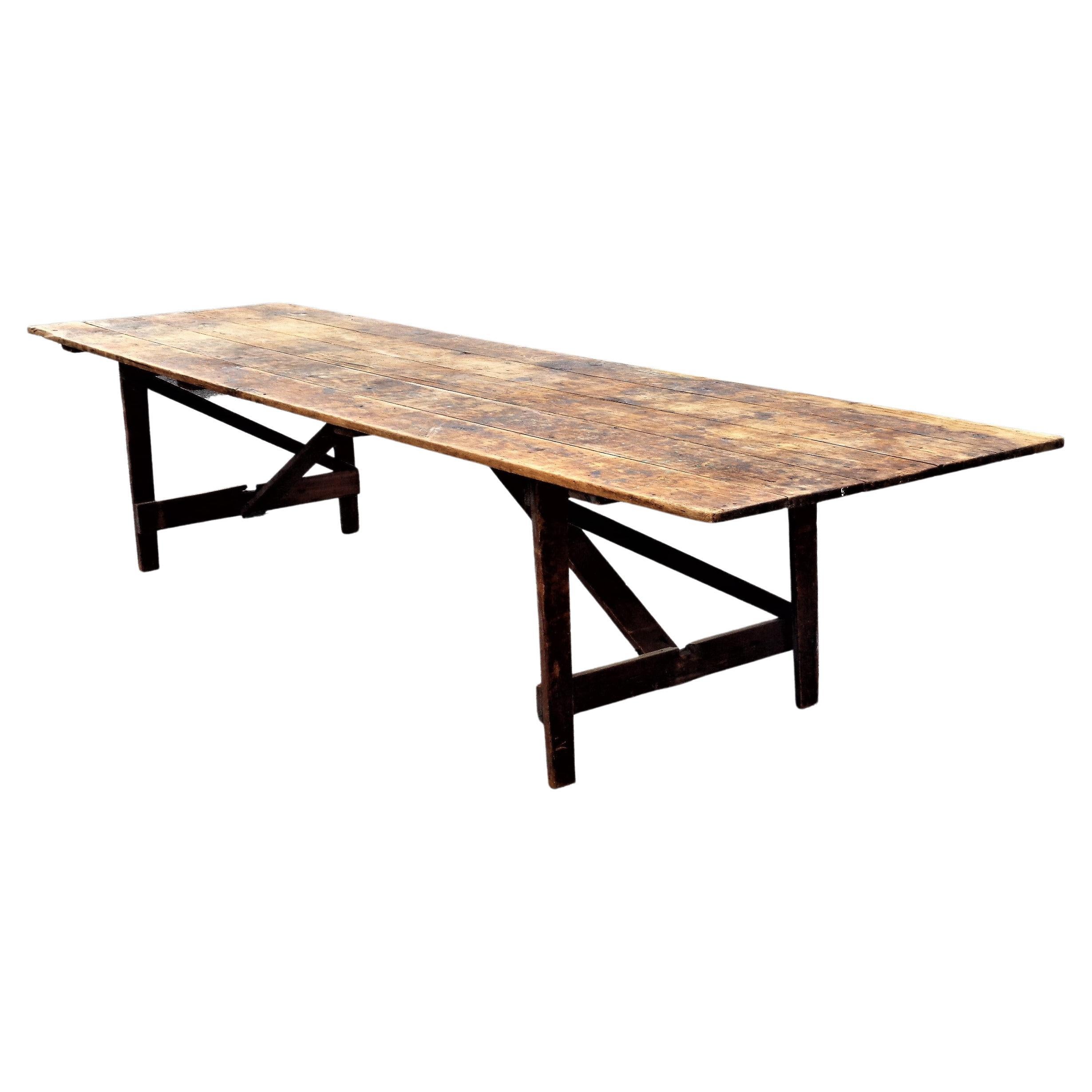 Wood Antique American Eleven Foot Long Folding Farm Table For Sale