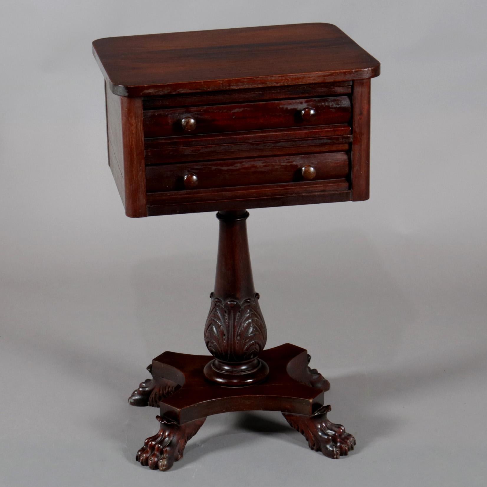 Hand-Carved Antique American Empire Acanthus Carved Mahogany 2-Drawer Side Stand, circa 1870