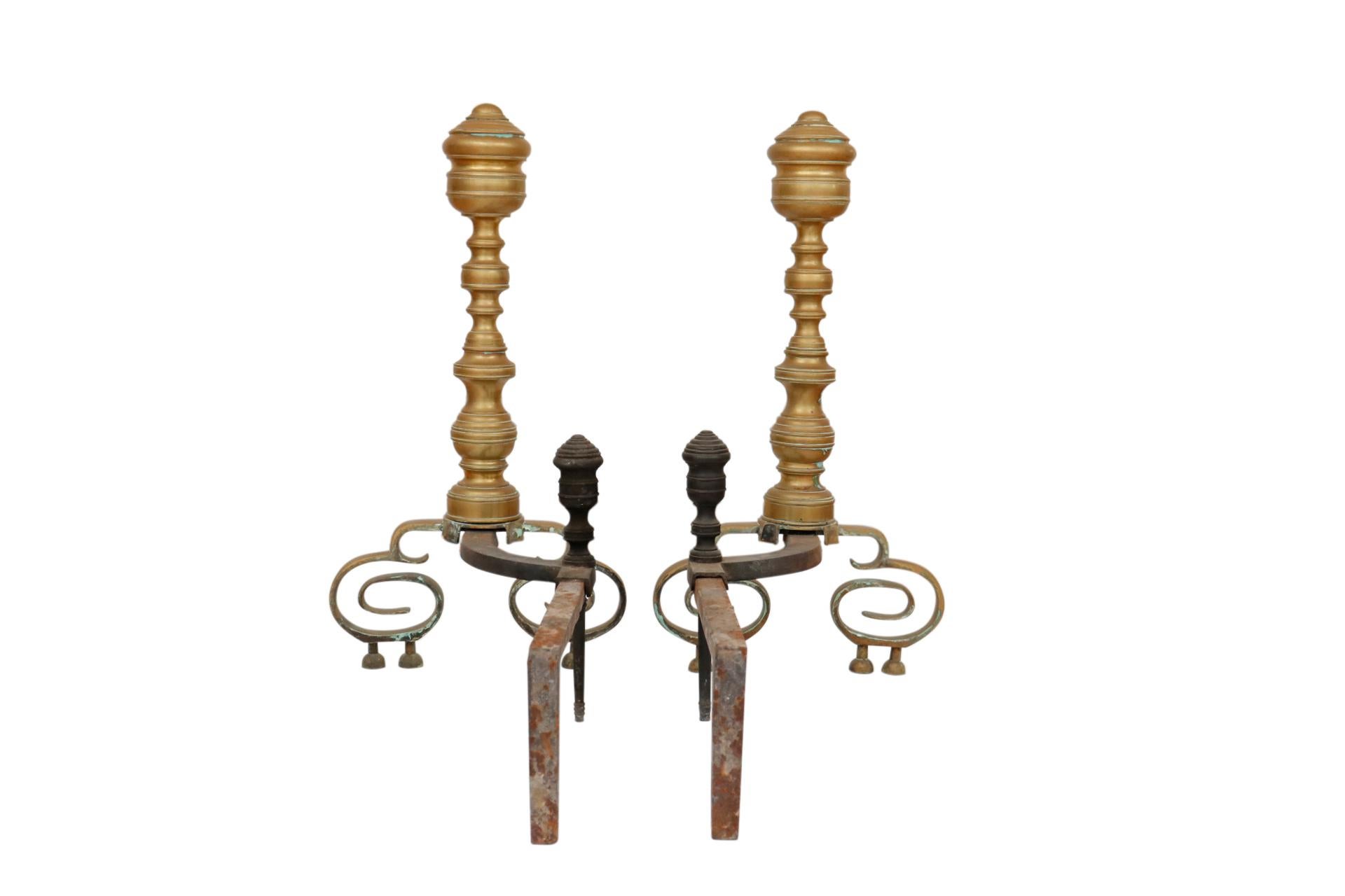 Brass Antique American Empire Andirons, a Pair For Sale