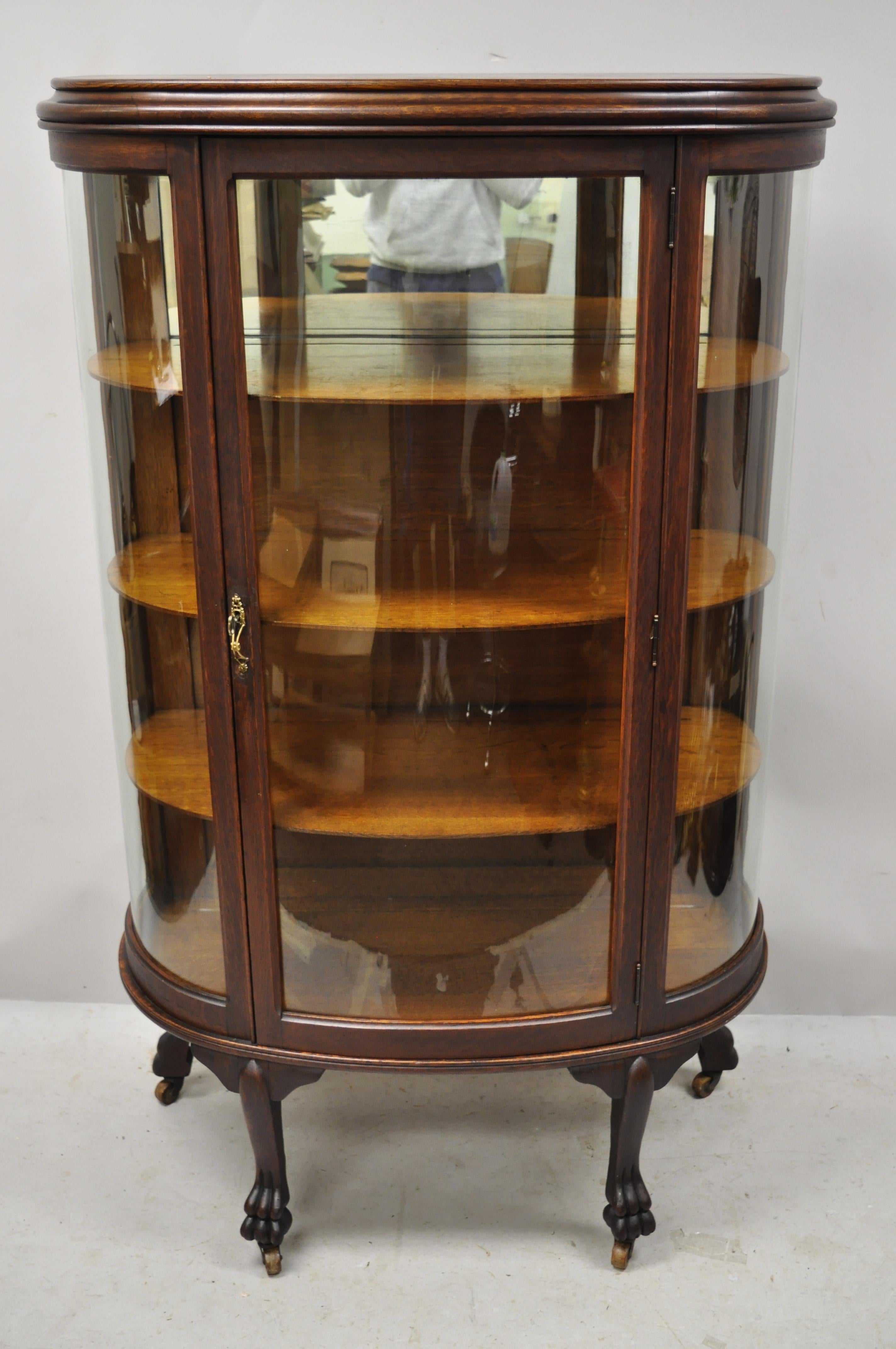 Antique American Empire Bow Glass Oak Paw Feet Mirror Back China Cabinet Curio 4