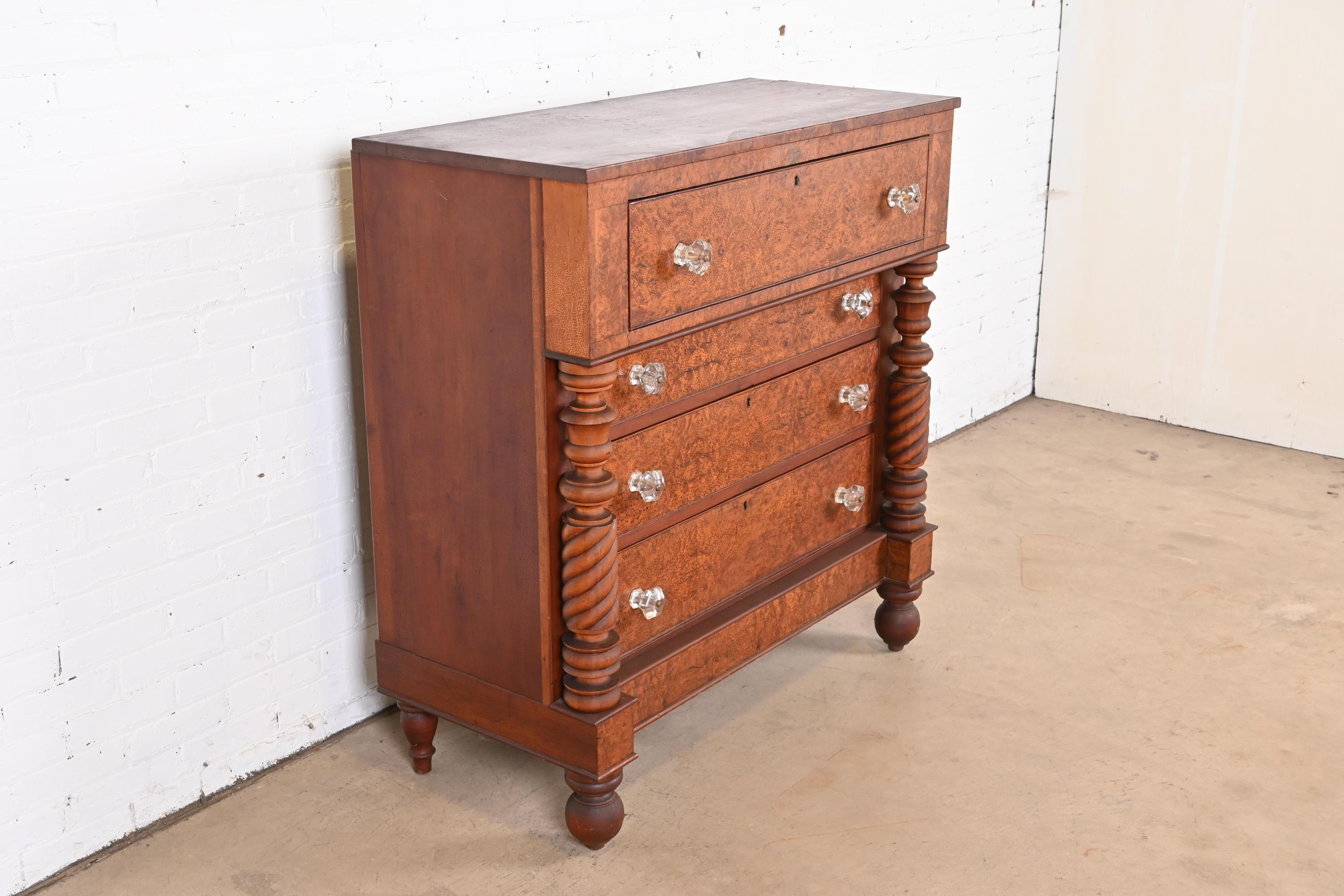 19th Century Antique American Empire Burled Mahogany Chest of Drawers, Circa 1820s For Sale