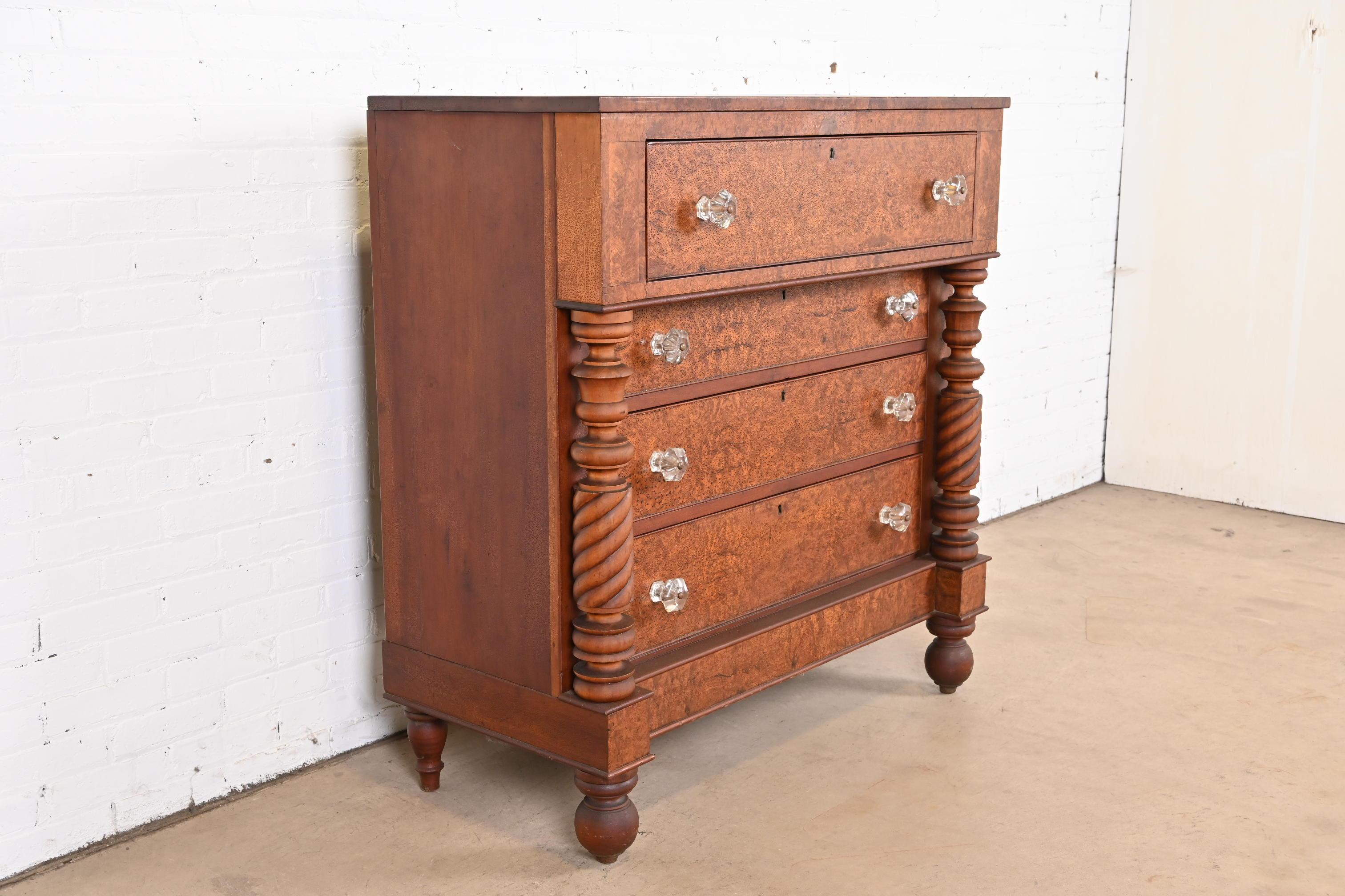 Glass Antique American Empire Burled Mahogany Chest of Drawers, Circa 1820s For Sale