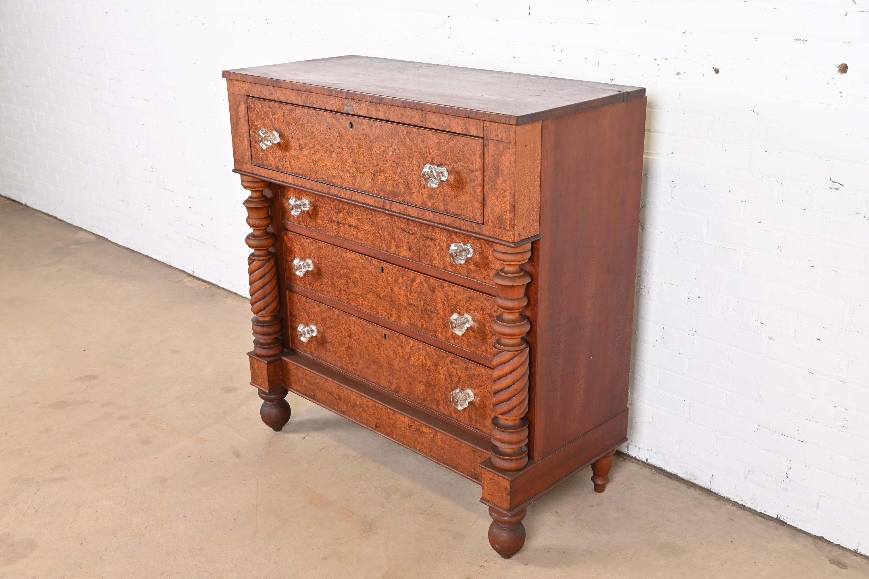 Antique American Empire Burled Mahogany Chest of Drawers, Circa 1820s For Sale 1