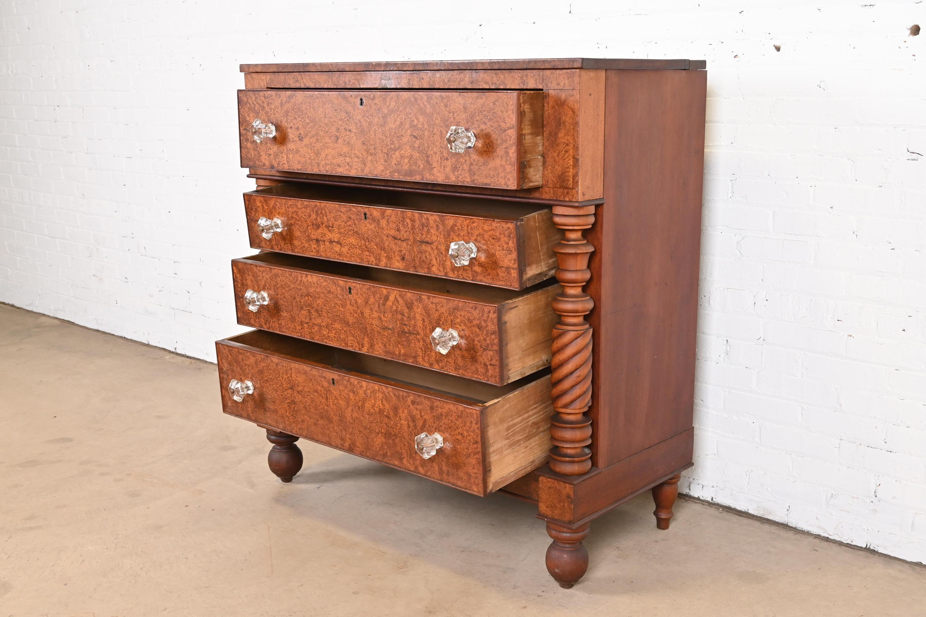 Antique American Empire Burled Mahogany Chest of Drawers, Circa 1820s For Sale 3