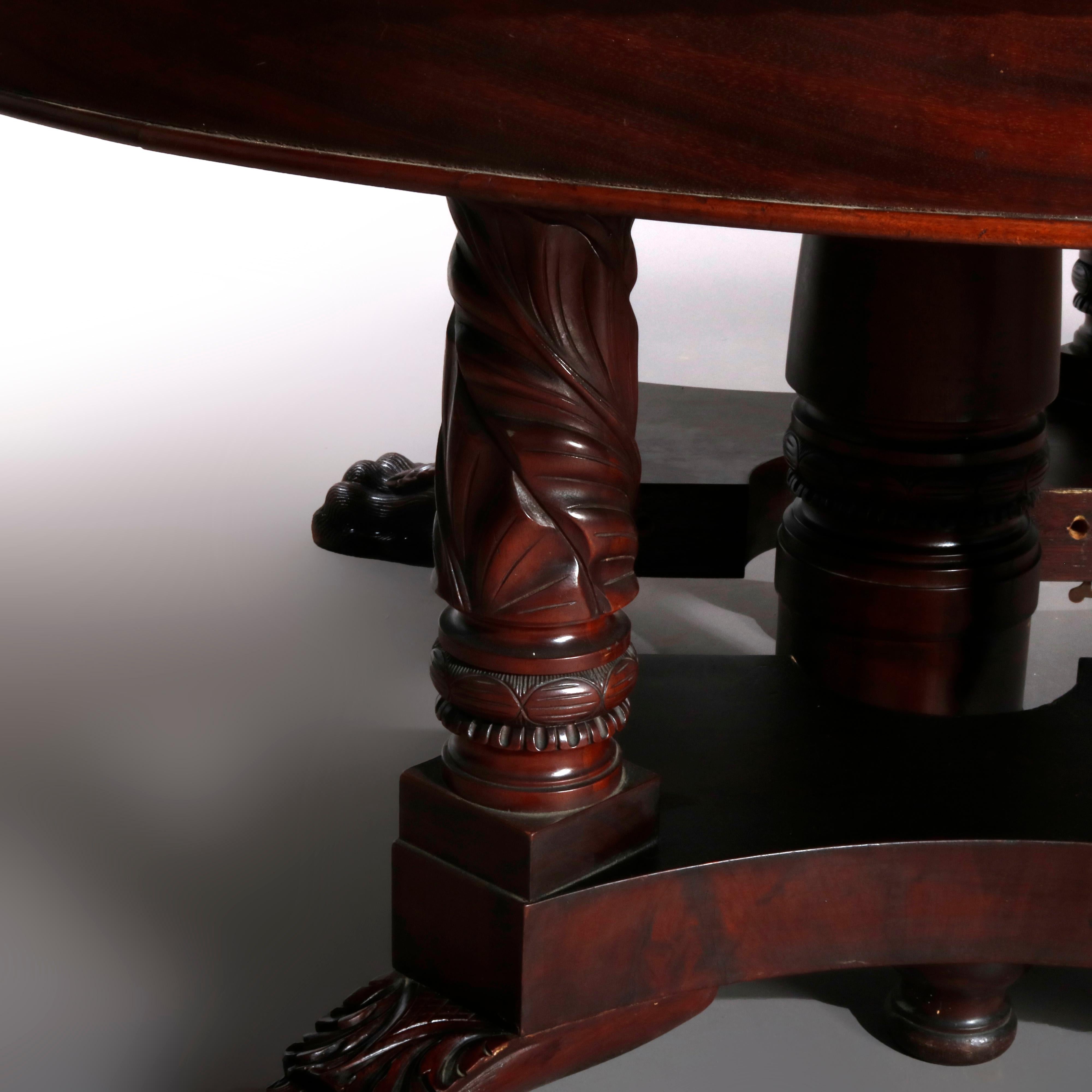 Antique American Empire Carved Flame Mahogany Banquet Table with 5 Leaves 5