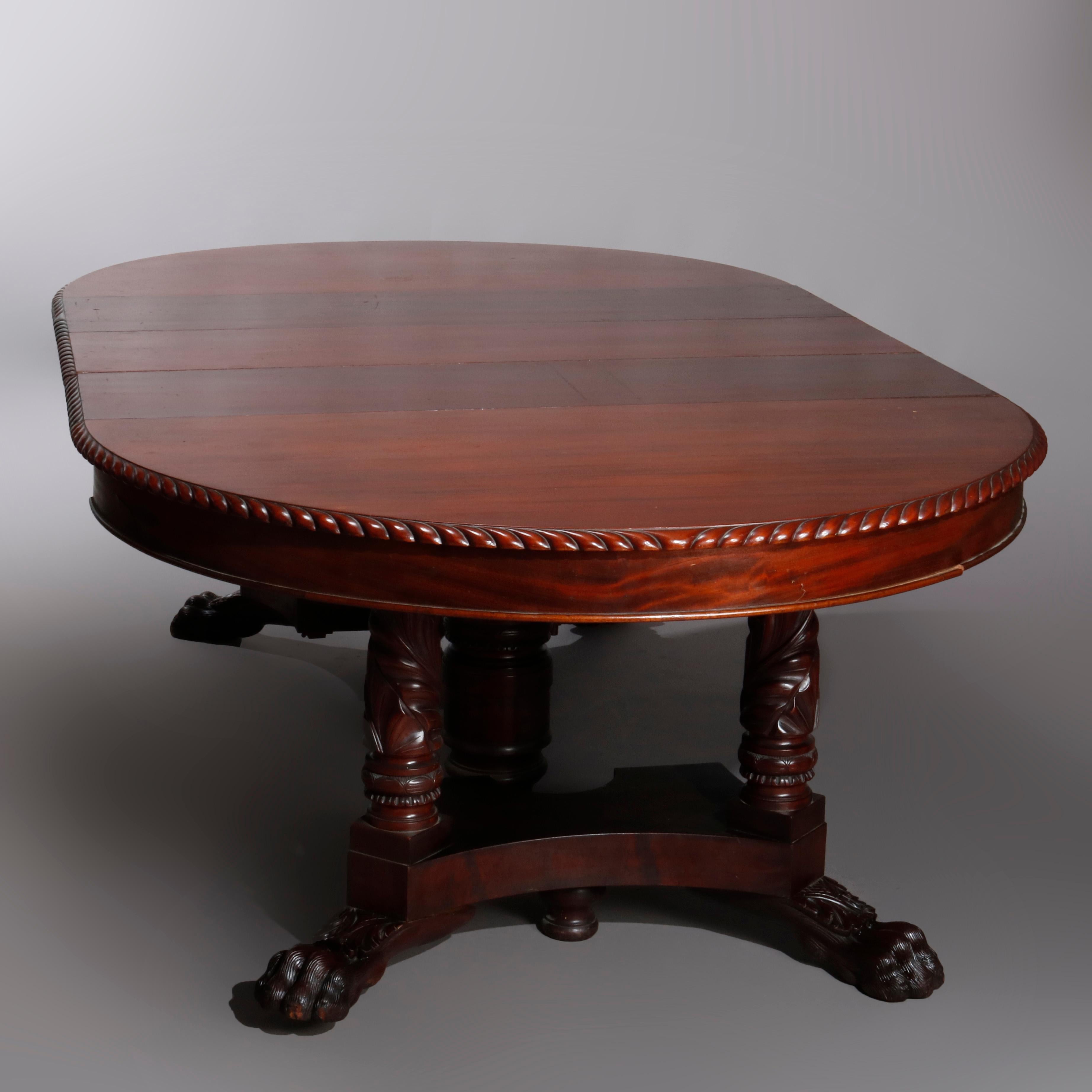 Antique American Empire Carved Flame Mahogany Banquet Table with 5 Leaves In Good Condition In Big Flats, NY