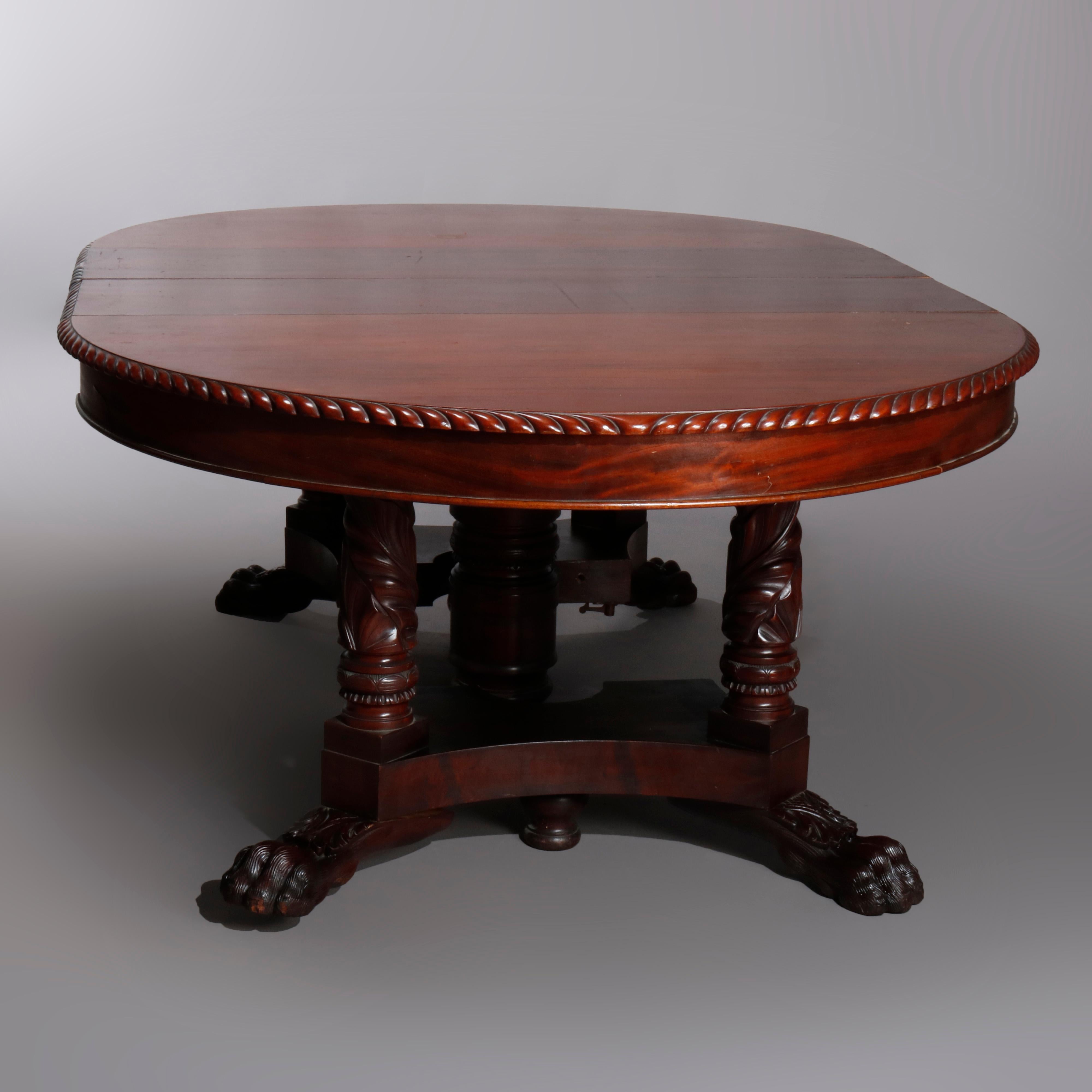 19th Century Antique American Empire Carved Flame Mahogany Banquet Table with 5 Leaves