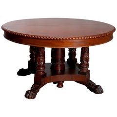 Antique American Empire Carved Flame Mahogany Banquet Table with 5 Leaves
