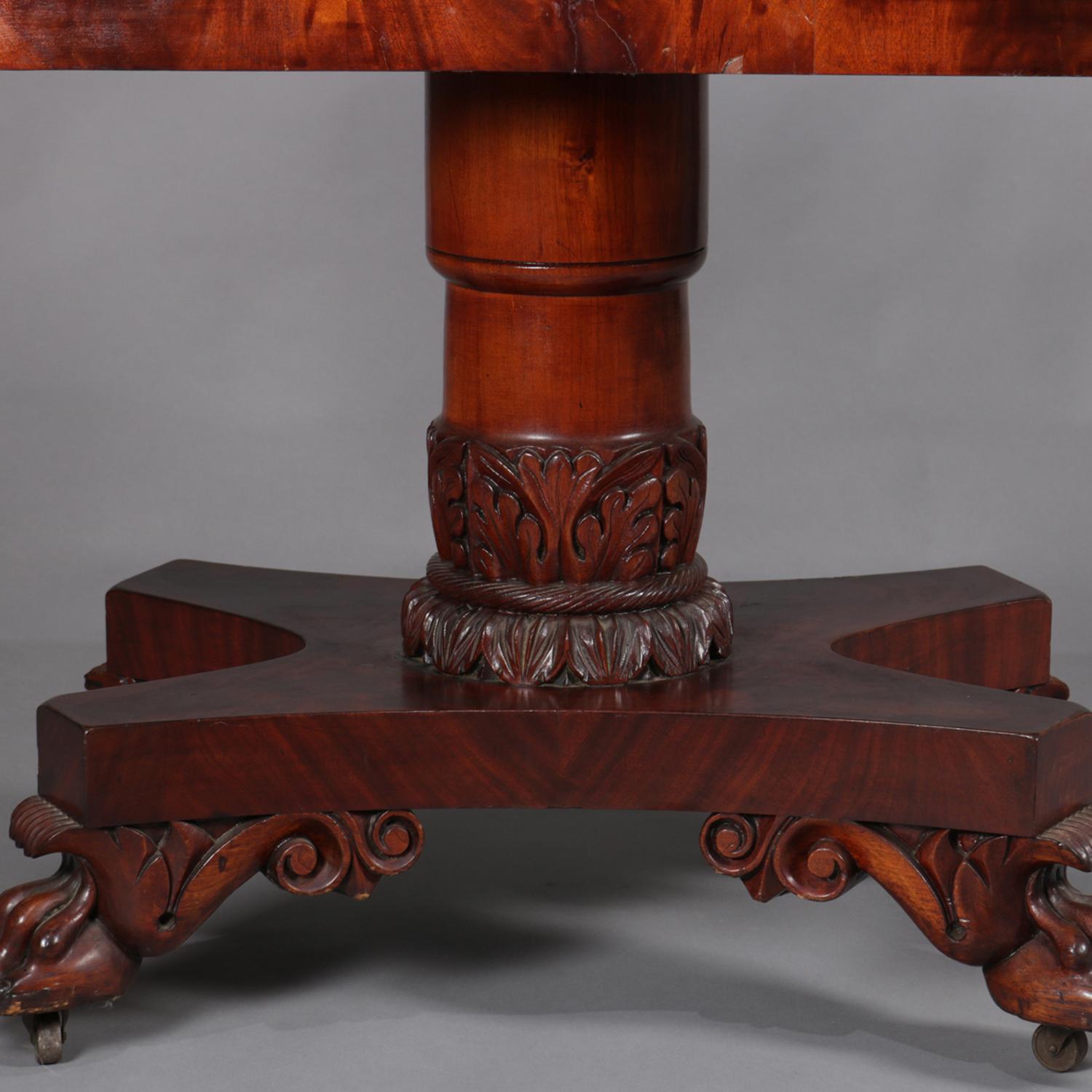 Antique American Empire Carved Flame Mahogany Double Drawer Console Table In Good Condition In Big Flats, NY