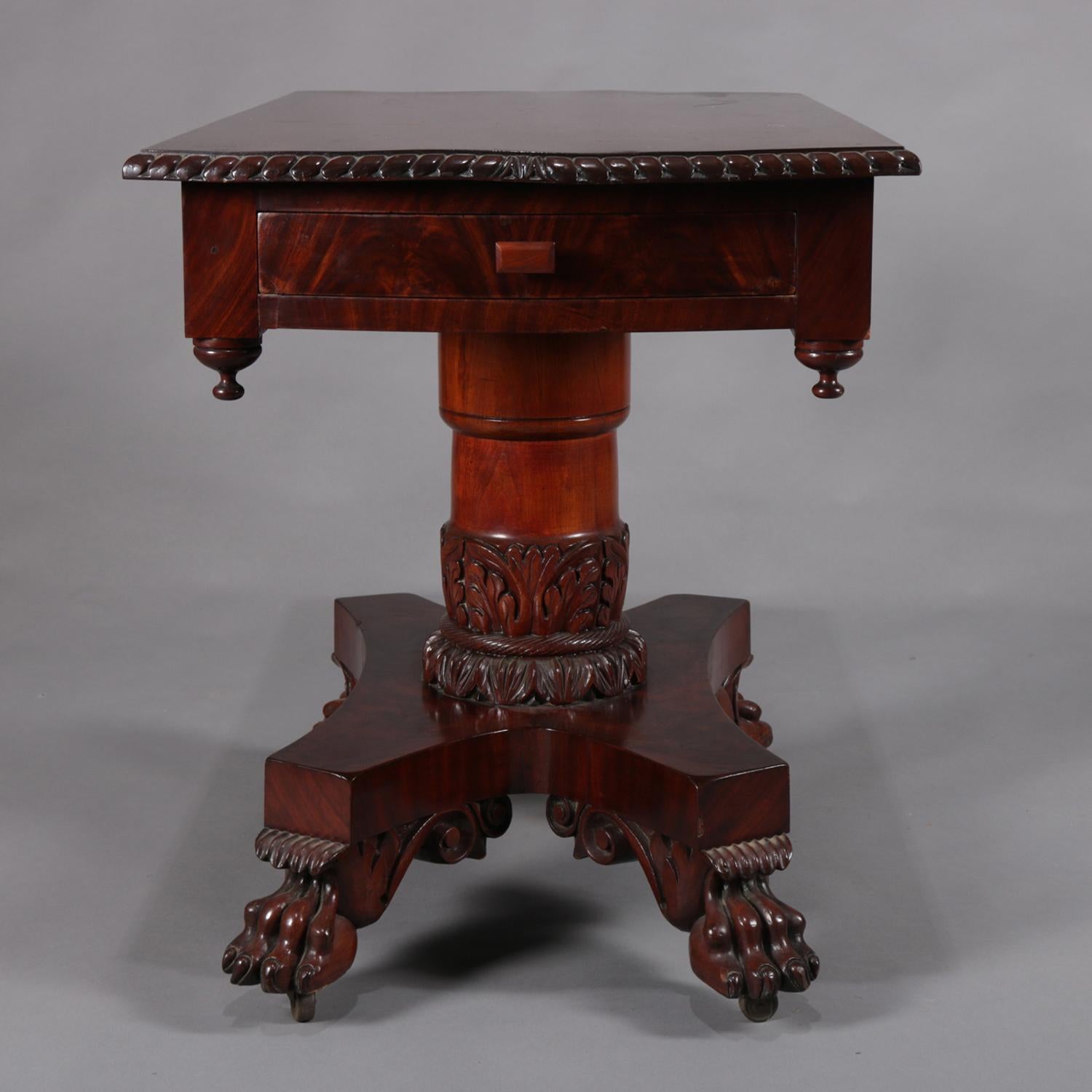 19th Century Antique American Empire Carved Flame Mahogany Double Drawer Console Table