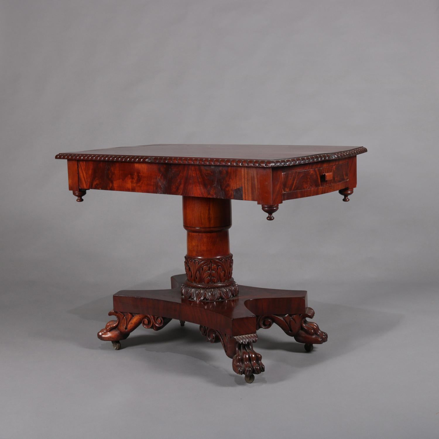 Antique American Empire Carved Flame Mahogany Double Drawer Console Table 4