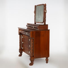 Antique American Empire Carved Flame Mahogany Dresser with Mirror, Circa 1840