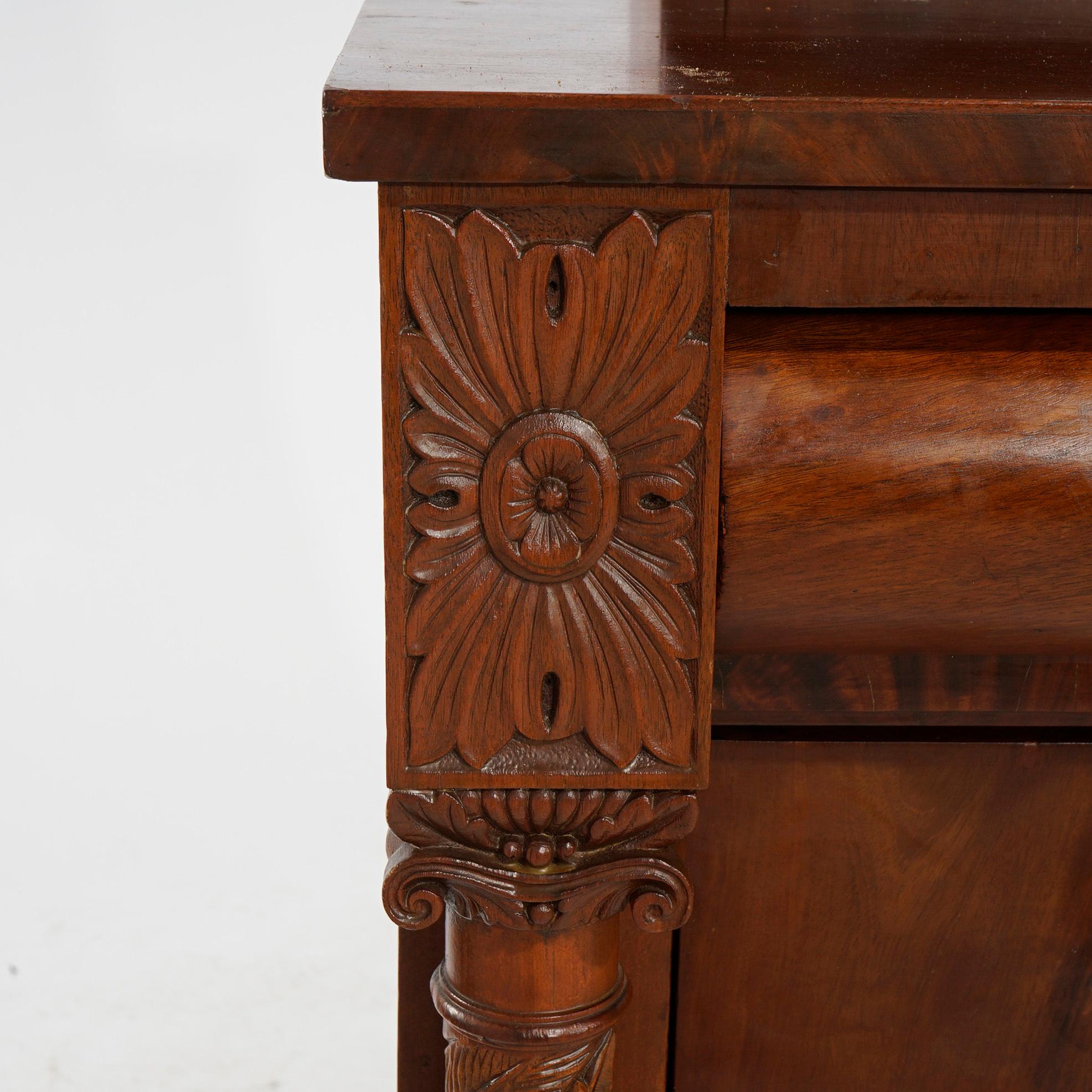 Antique American Empire Carved Flame Mahogany Dresser with Mirror, Circa 1840 For Sale 1