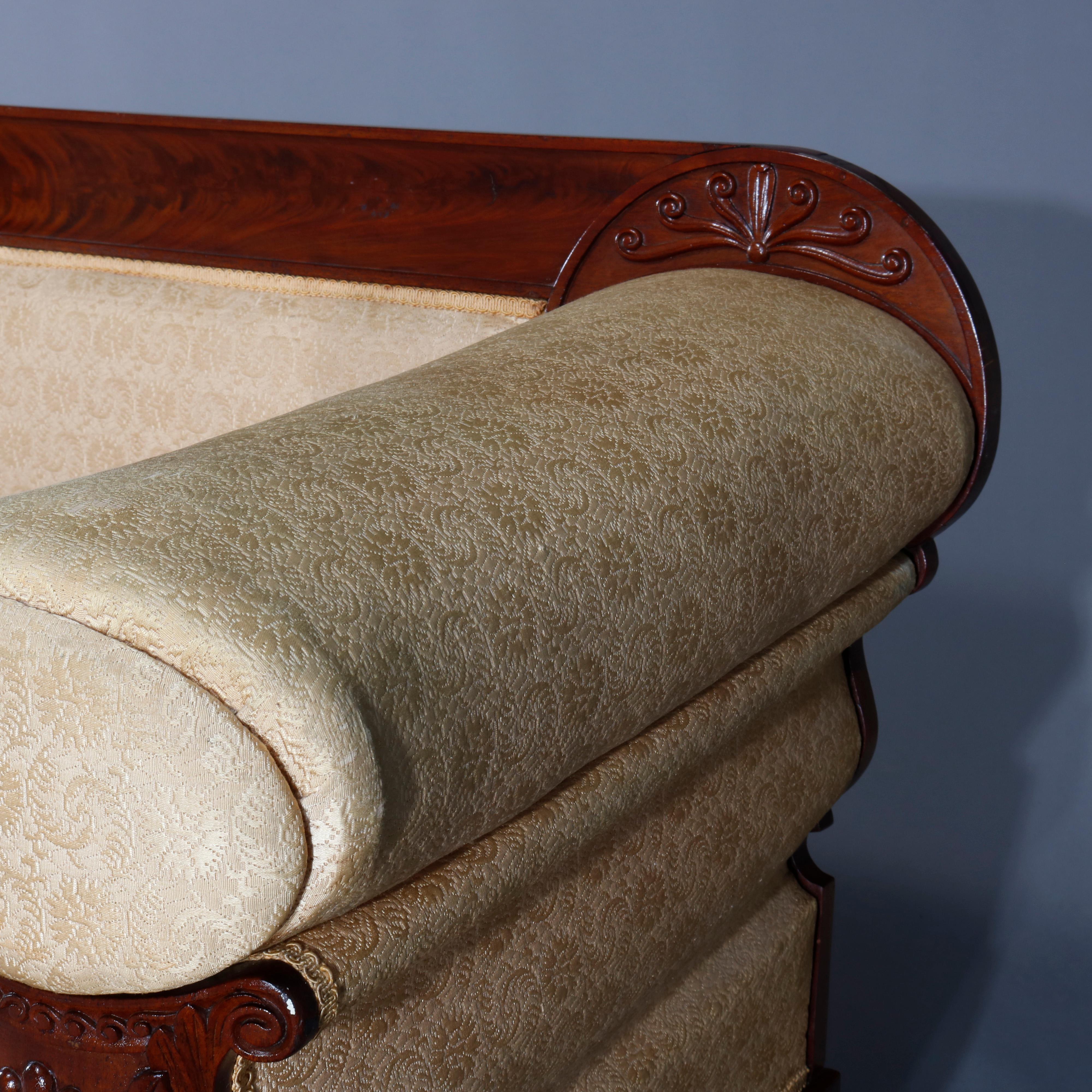 Antique American Empire Carved Flame Mahogany Quervelle School Sofa, circa 1830 2