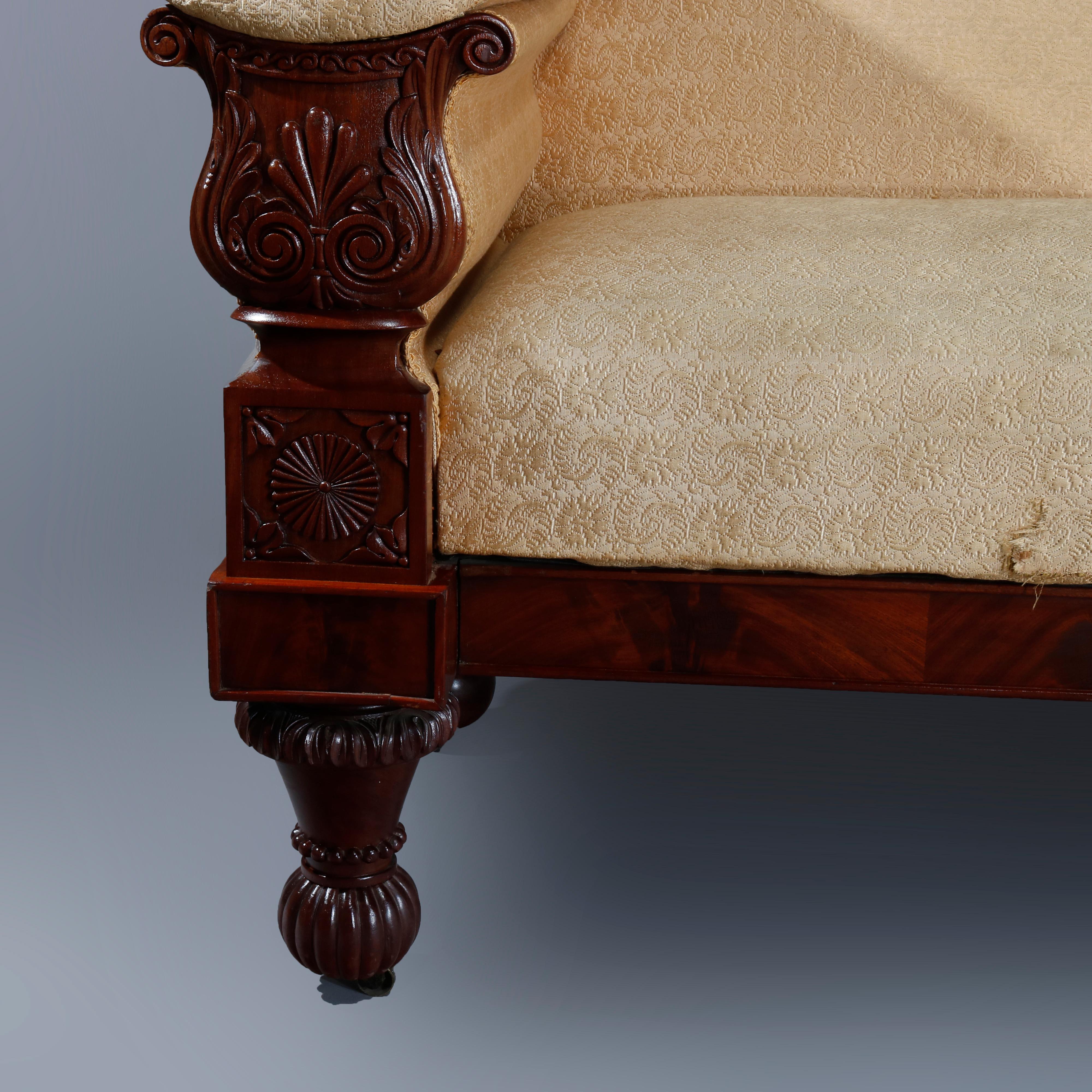 Antique American Empire Carved Flame Mahogany Quervelle School Sofa, circa 1830 6
