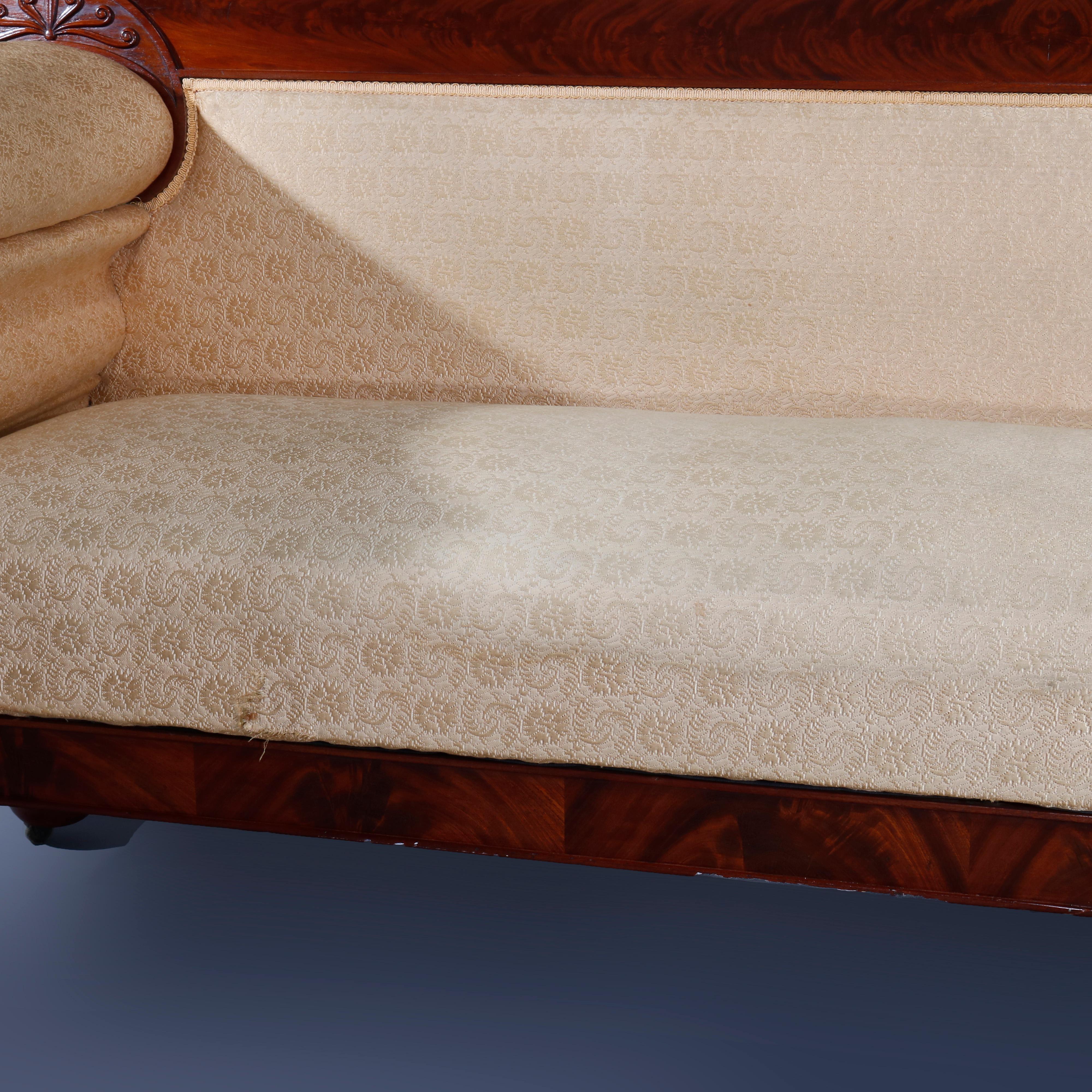 Upholstery Antique American Empire Carved Flame Mahogany Quervelle School Sofa, circa 1830