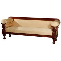 Antique American Empire Carved Flame Mahogany Quervelle School Sofa, circa 1830