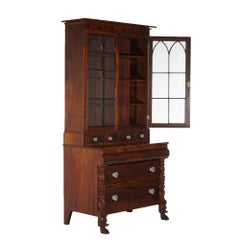 Antique American Empire Carved Flame Mahogany Secretary, Bookcase & Desk, C1840