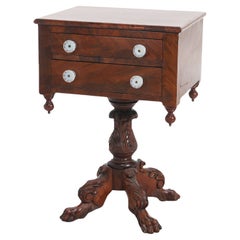 Antique American Empire Carved Flame Mahogany Two-Drawer Sewing Table c1840
