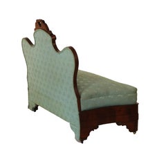 Antique American Empire Carved Flame Mahogany & Upholstered Slipper Bench C1850