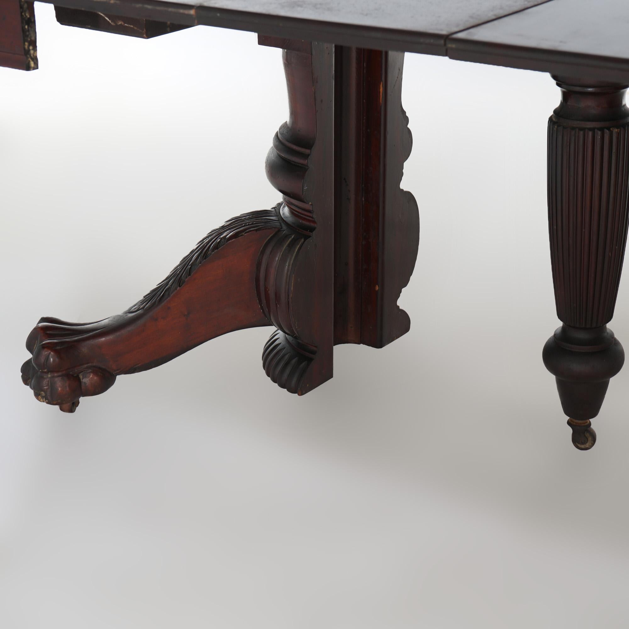 Antique American Empire Carved Mahogany Banquet Table & Six  Leaves c1880 For Sale 12