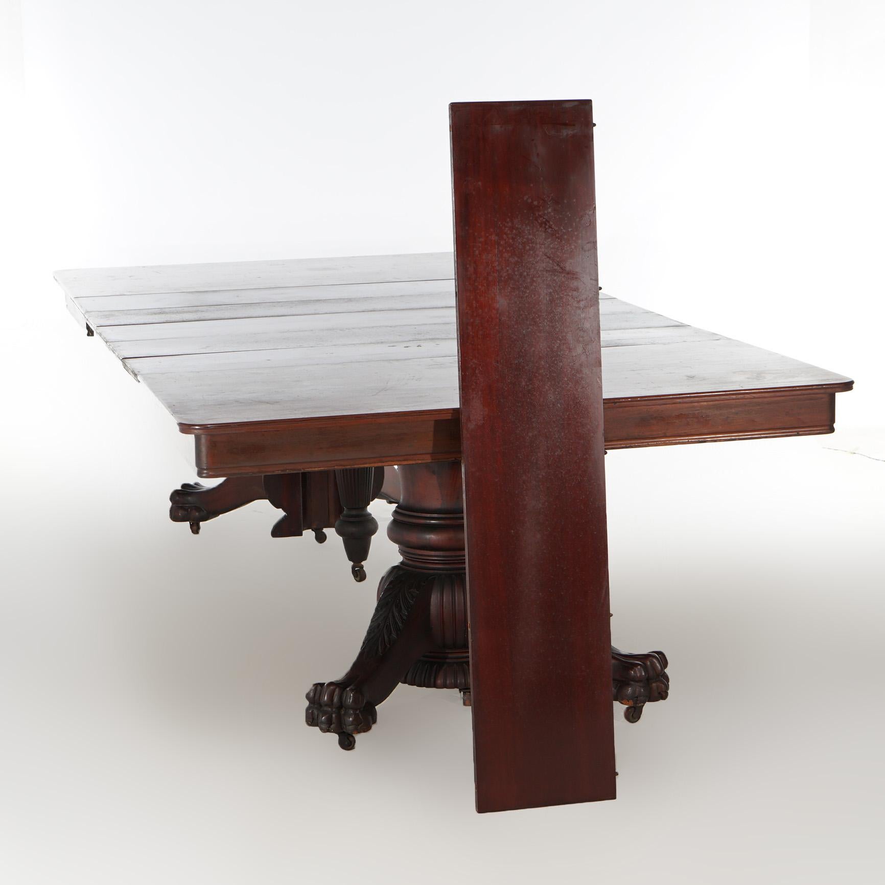 Antique American Empire Carved Mahogany Banquet Table & Six  Leaves c1880 In Good Condition For Sale In Big Flats, NY