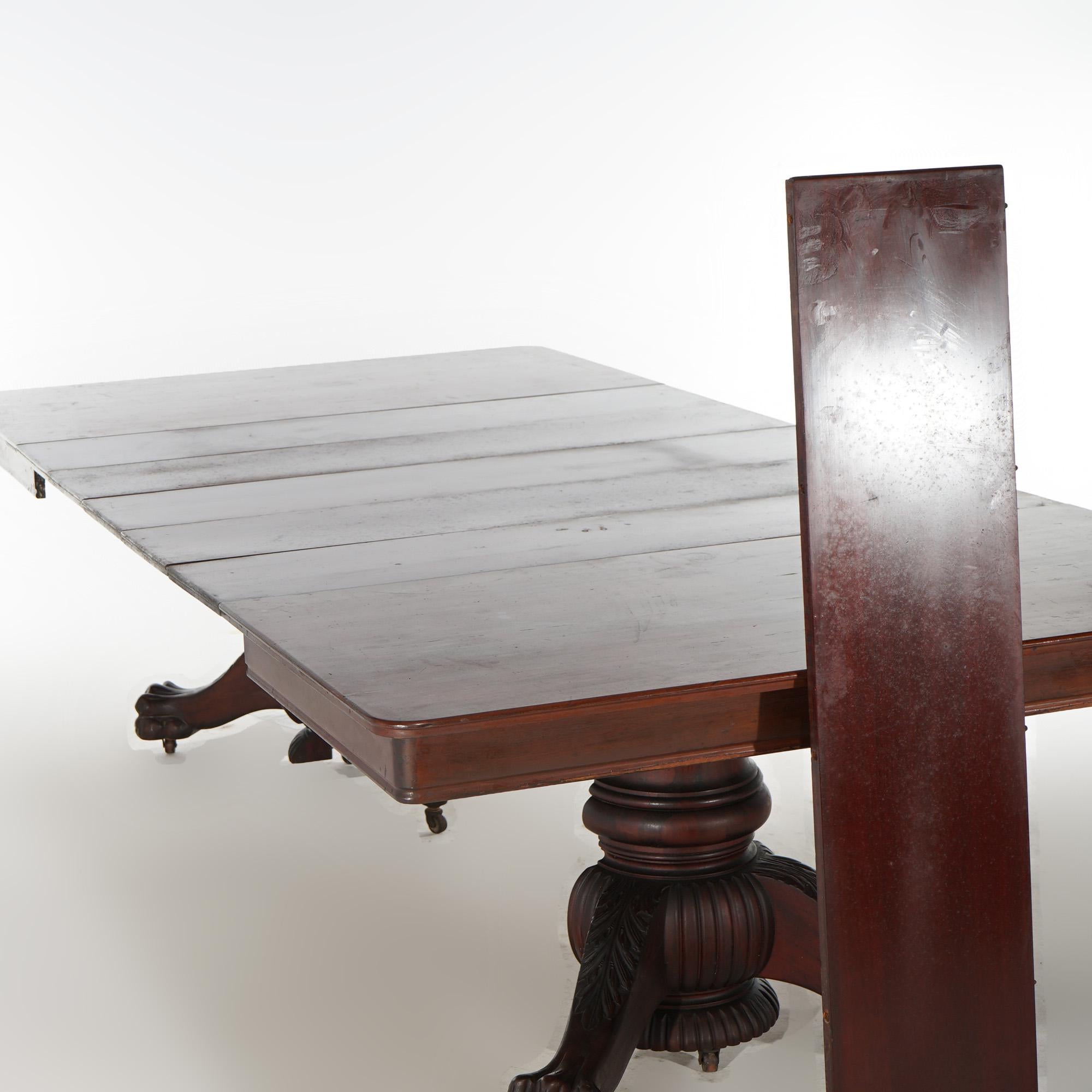 19th Century Antique American Empire Carved Mahogany Banquet Table & Six  Leaves c1880 For Sale
