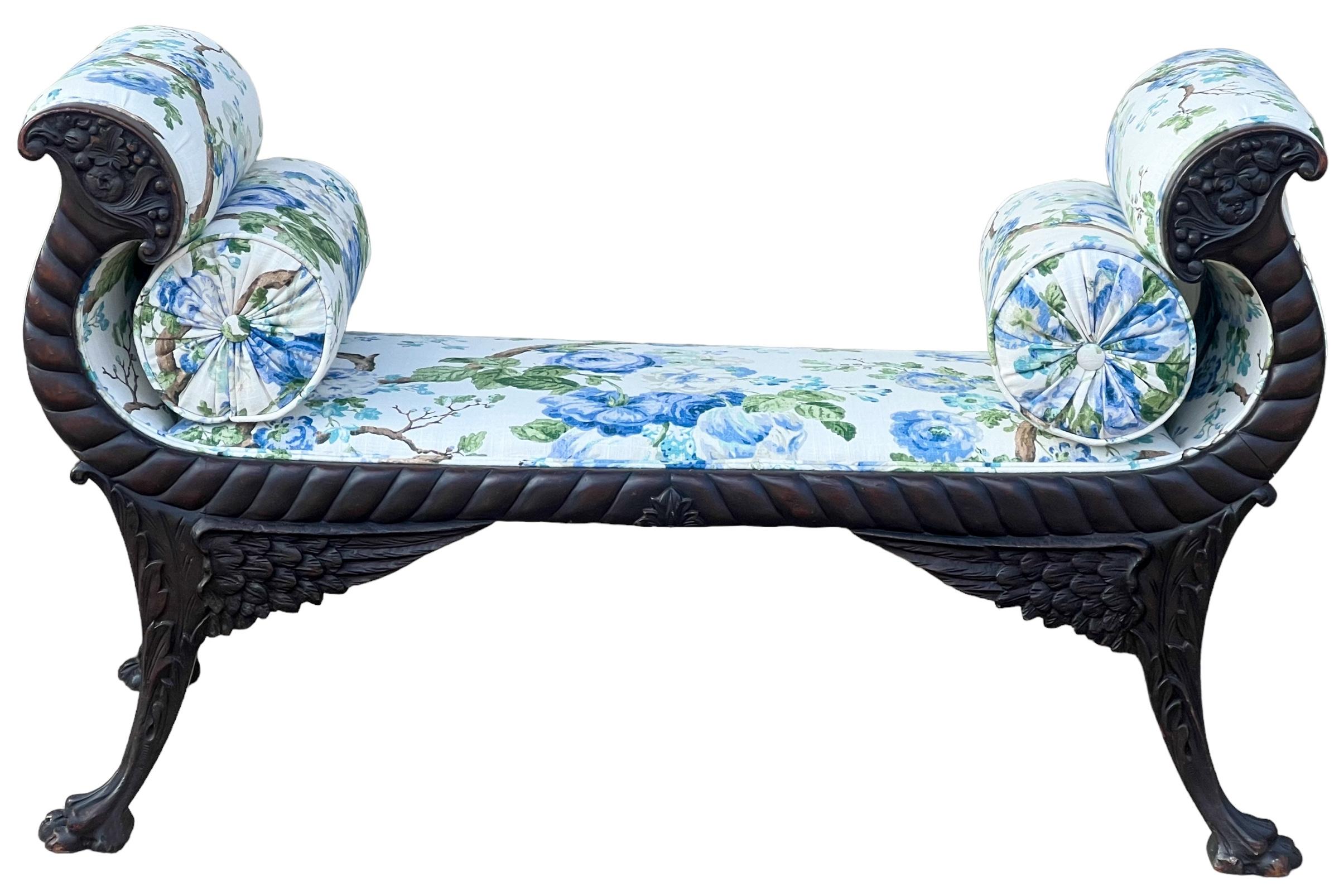 Linen Antique American Empire Carved Mahogany Bench W/ Blue & White Floral Upholstery  For Sale