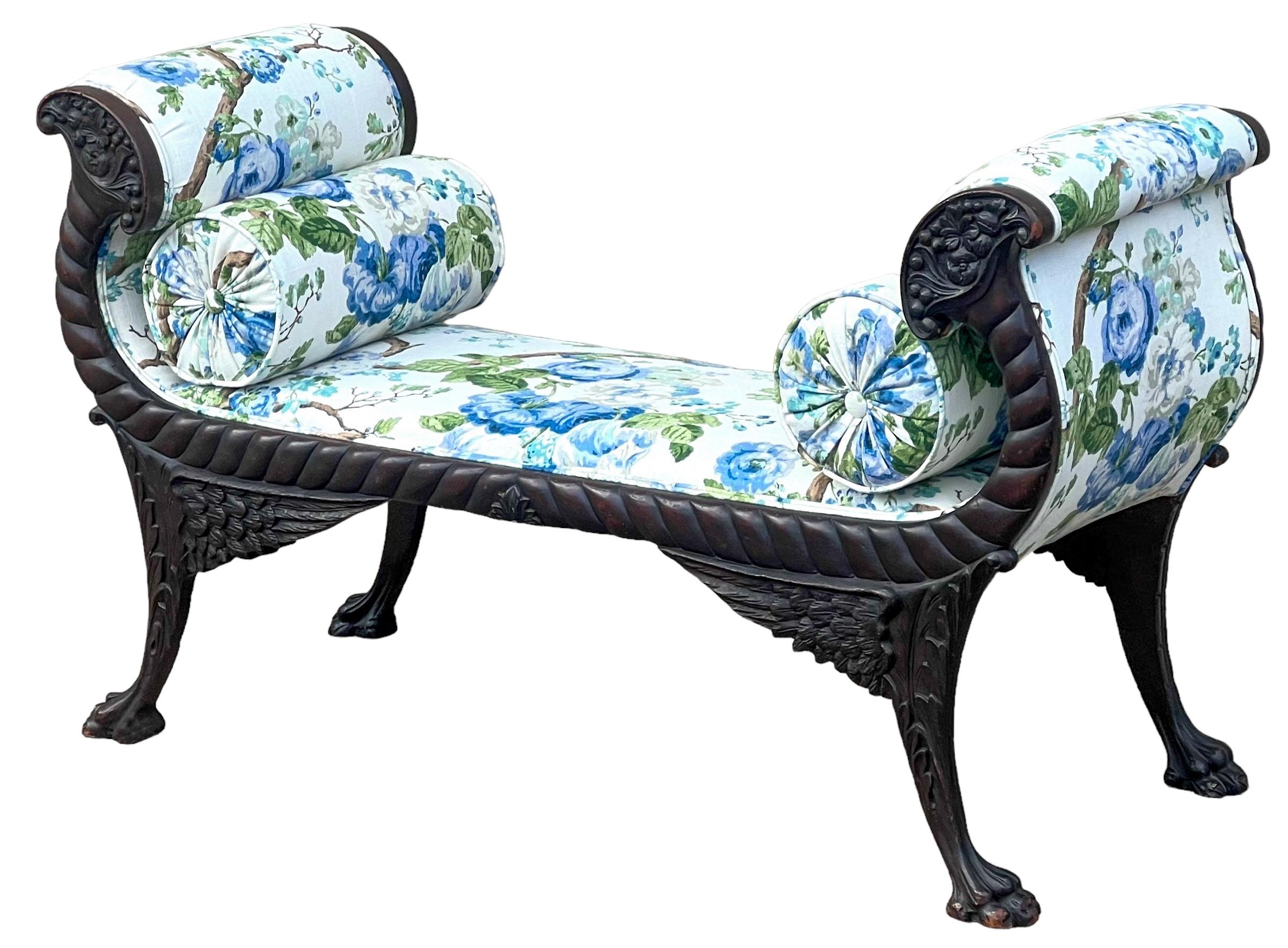 Antique American Empire Carved Mahogany Bench W/ Blue & White Floral Upholstery  For Sale 1