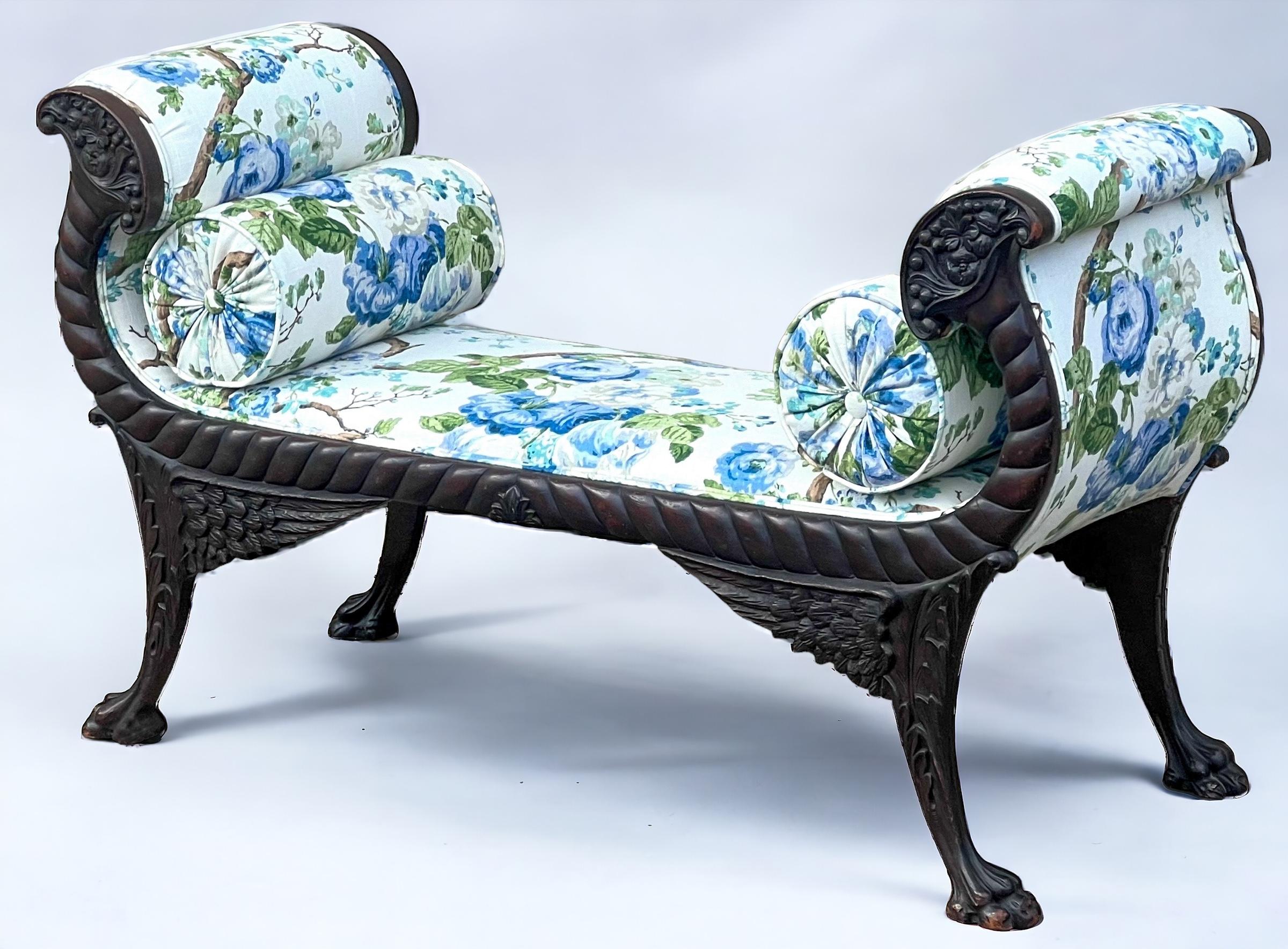 Antique American Empire Carved Mahogany Bench W/ Blue & White Floral Upholstery  For Sale 2