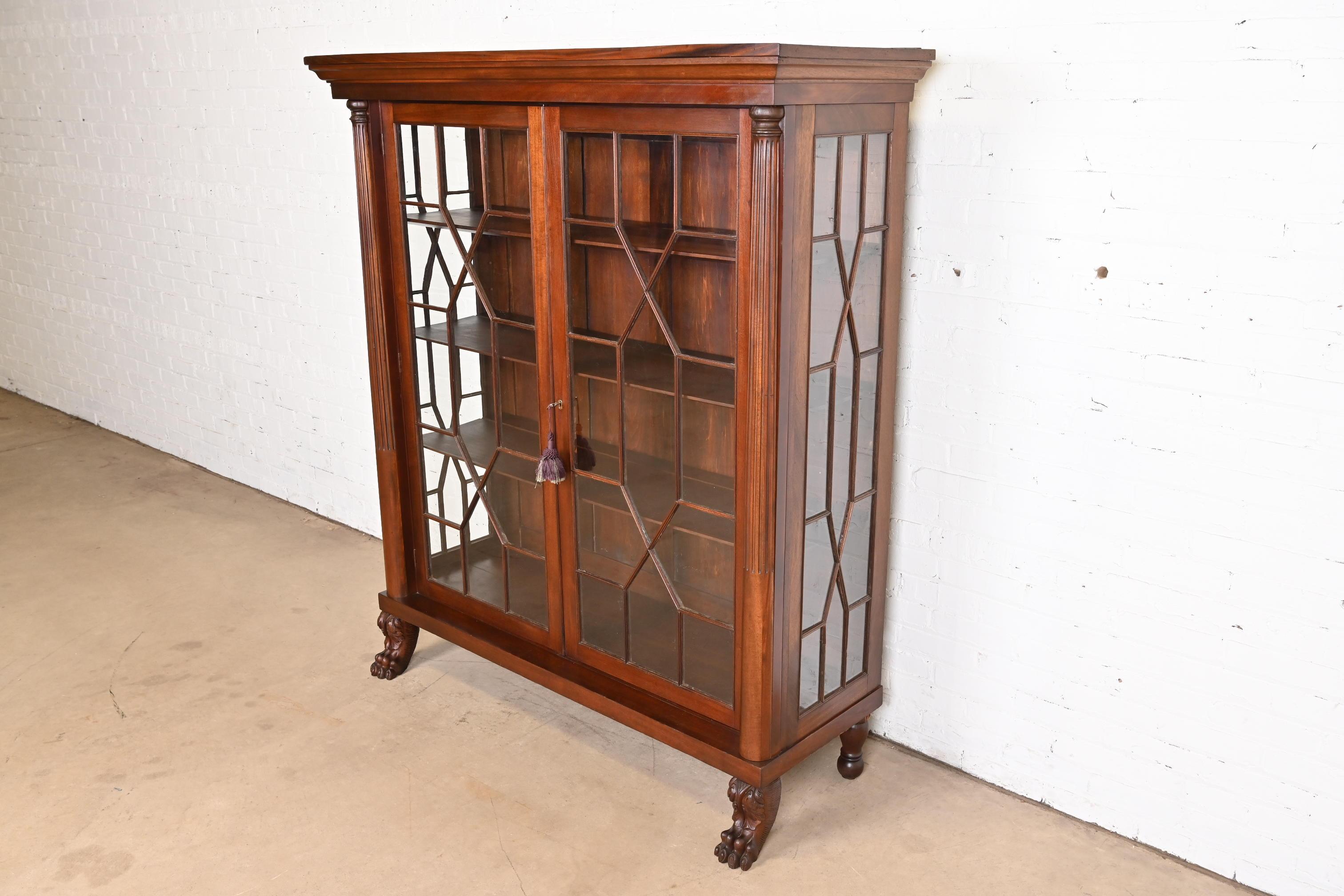 Glass Antique American Empire Carved Mahogany Bookcase in the Manner of R.J. Horner For Sale