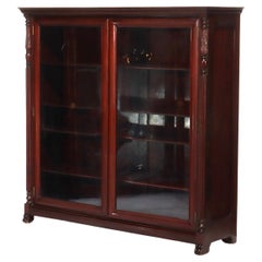 Antique American Empire Carved Mahogany Double Door Bookcase Early 20thC