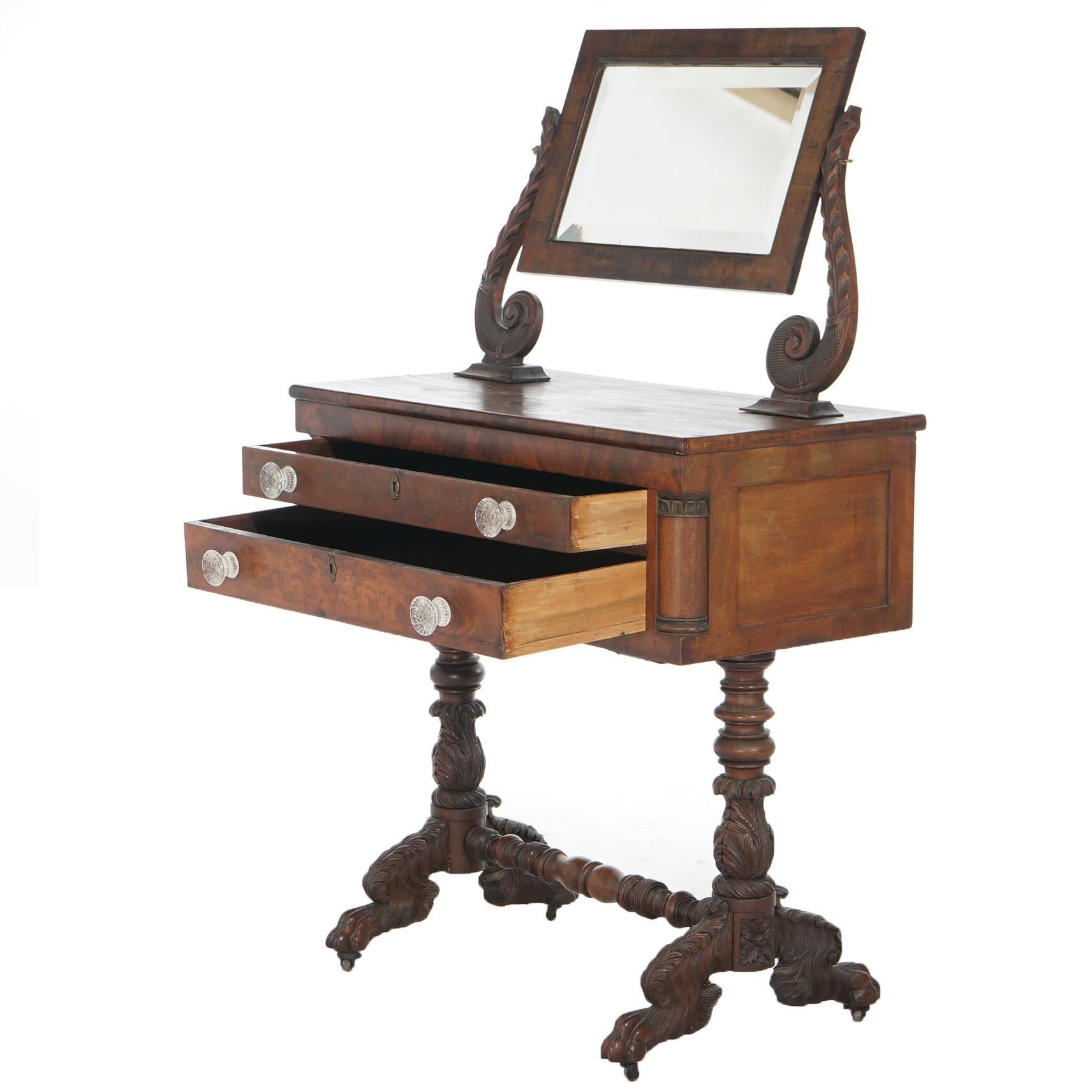***Reduced Delivery Rates - See Below or Click “Ask The Seller” to Request a Quote***

Antique American Empire Carved Mahogany Dressing Table with Mirror having Flanking Scroll Form Supports over Double Drawer Case Raised on Trestle Base with Turned