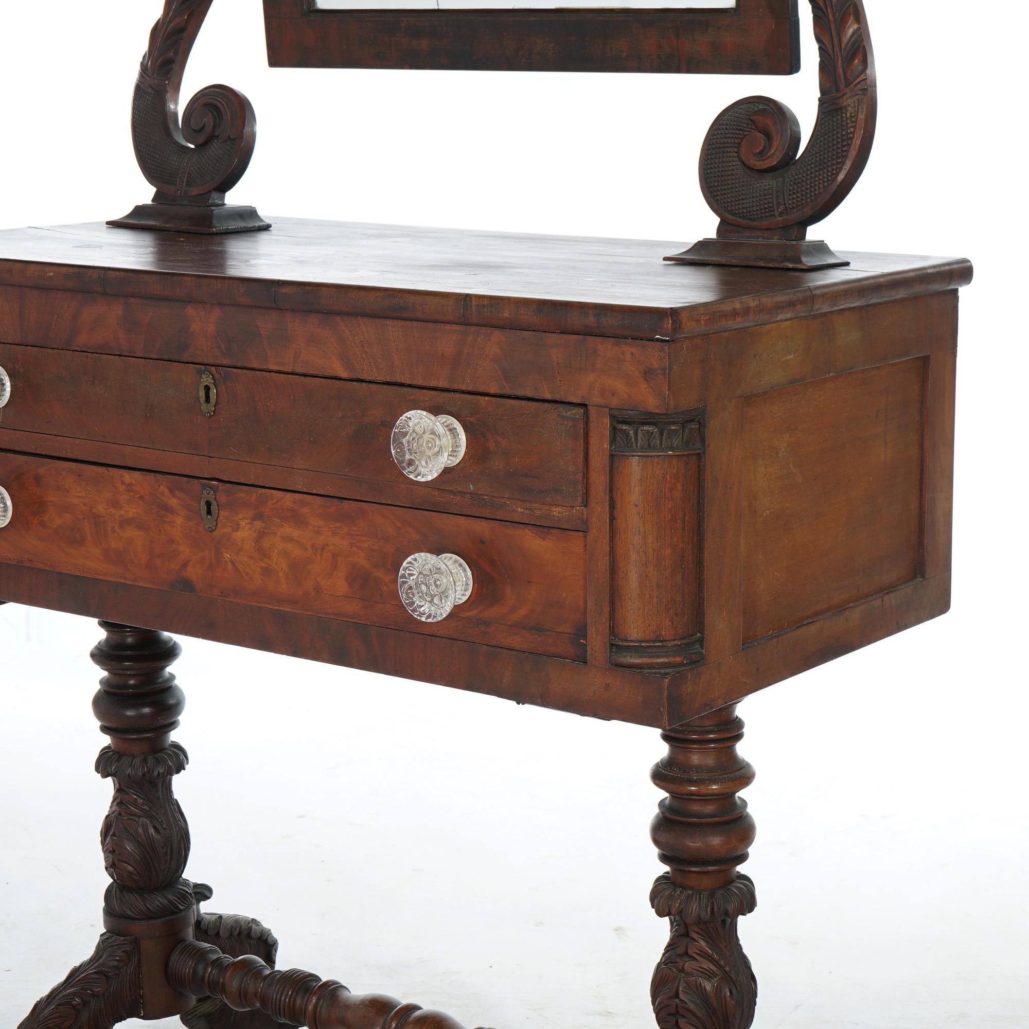 Antique American Empire Carved Mahogany Dressing Table with Mirror C1840 For Sale 5