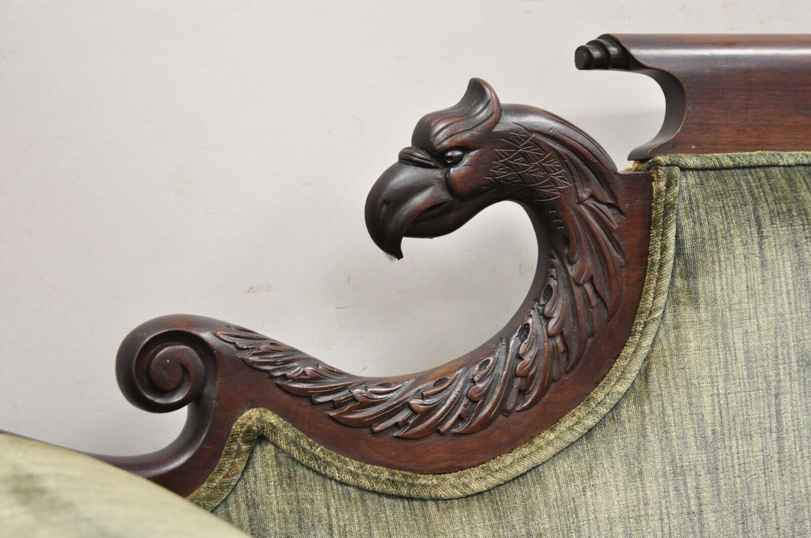 Antique American Empire Carved Mahogany Eagle Cornucopia Settee Loveseat Sofa For Sale 7