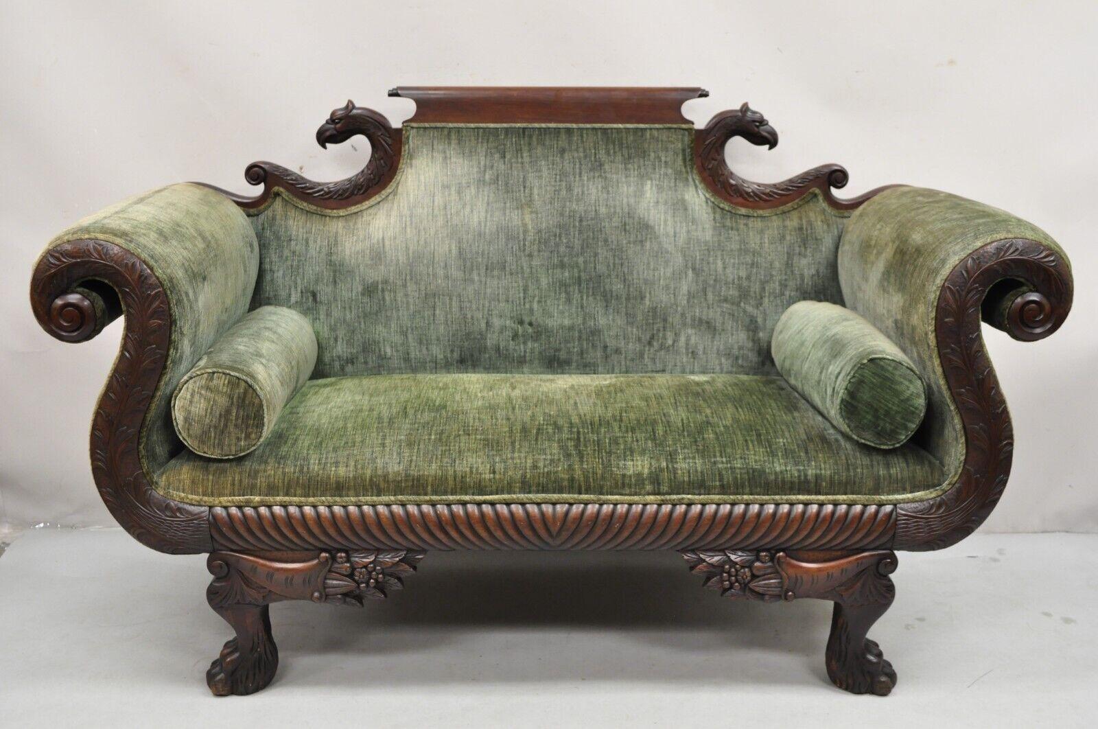 Antique American Empire Carved Mahogany Eagle Cornucopia Settee Loveseat Sofa. Circa 19th Century. Measurements: 40.5