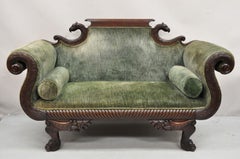 Antique American Empire Carved Mahogany Eagle Cornucopia Settee Loveseat Sofa