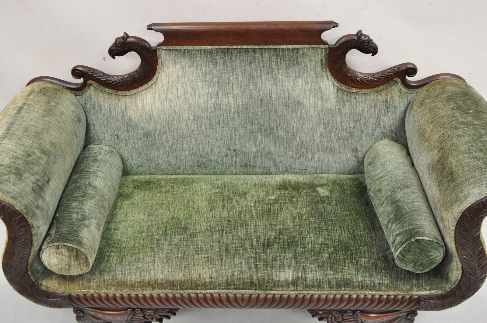 19th Century Antique American Empire Carved Mahogany Eagle Cornucopia Settee Loveseat Sofa For Sale
