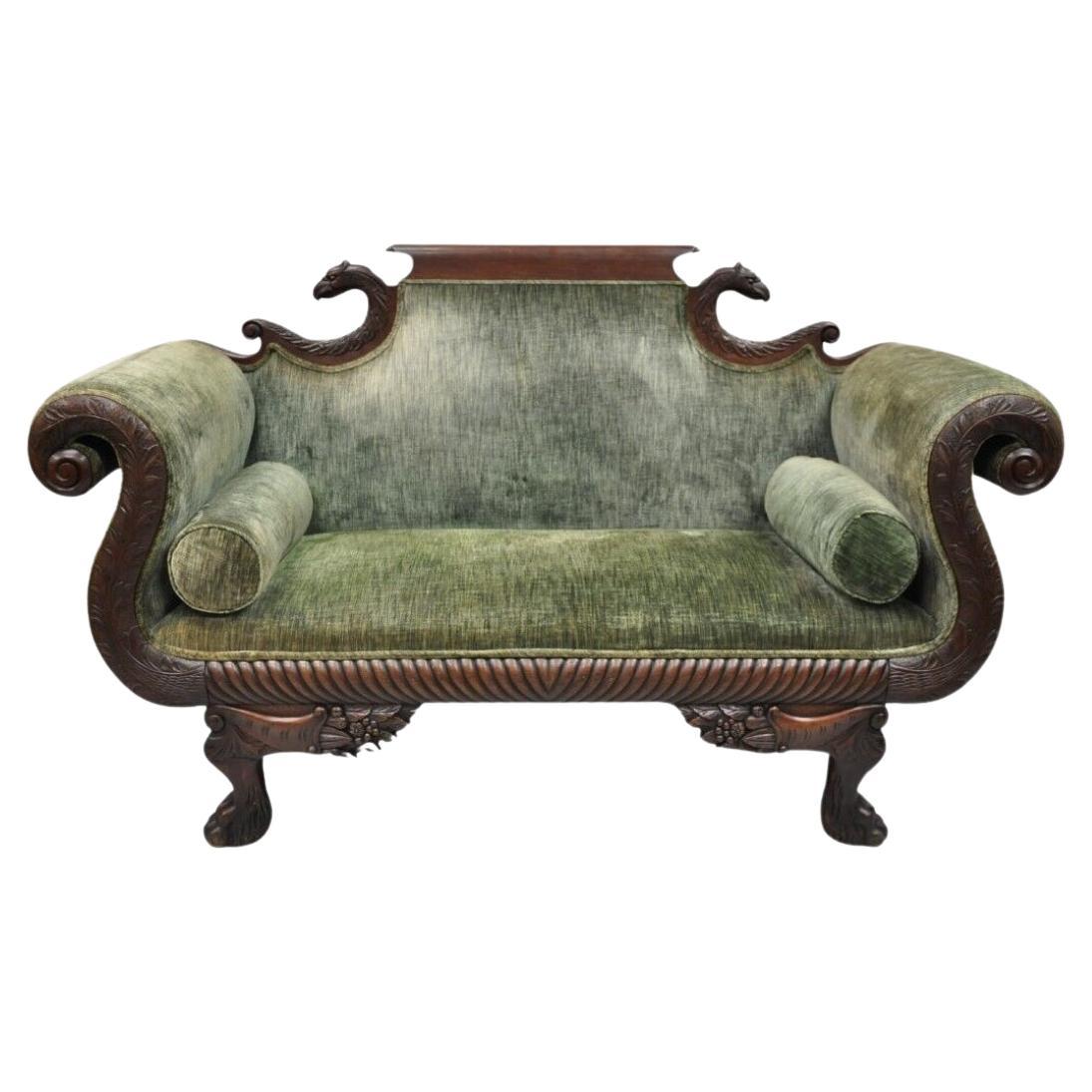 Antique American Empire Carved Mahogany Eagle Cornucopia Settee Loveseat Sofa For Sale