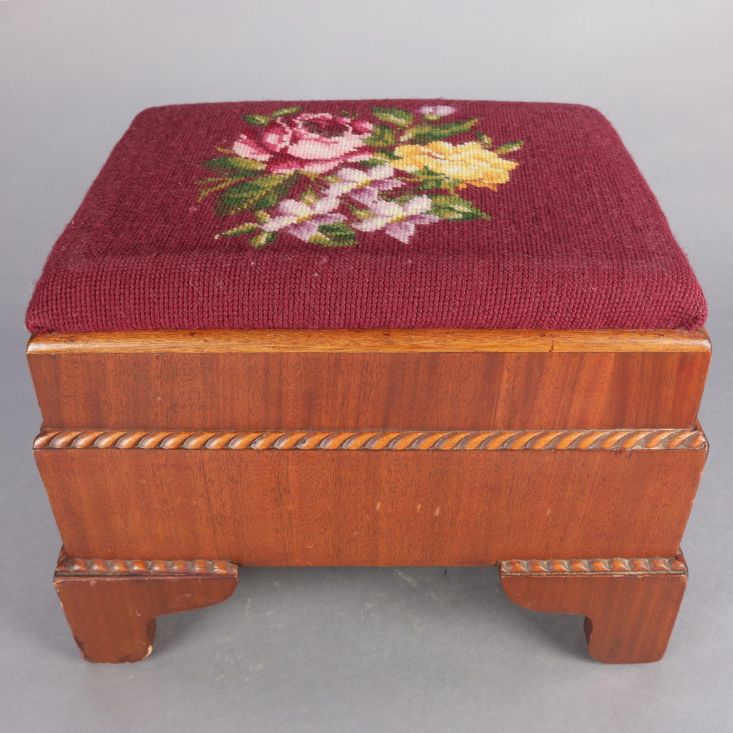 Antique American Empire Carved Mahogany and Needlepoint Footstool, 20th Century In Good Condition In Big Flats, NY