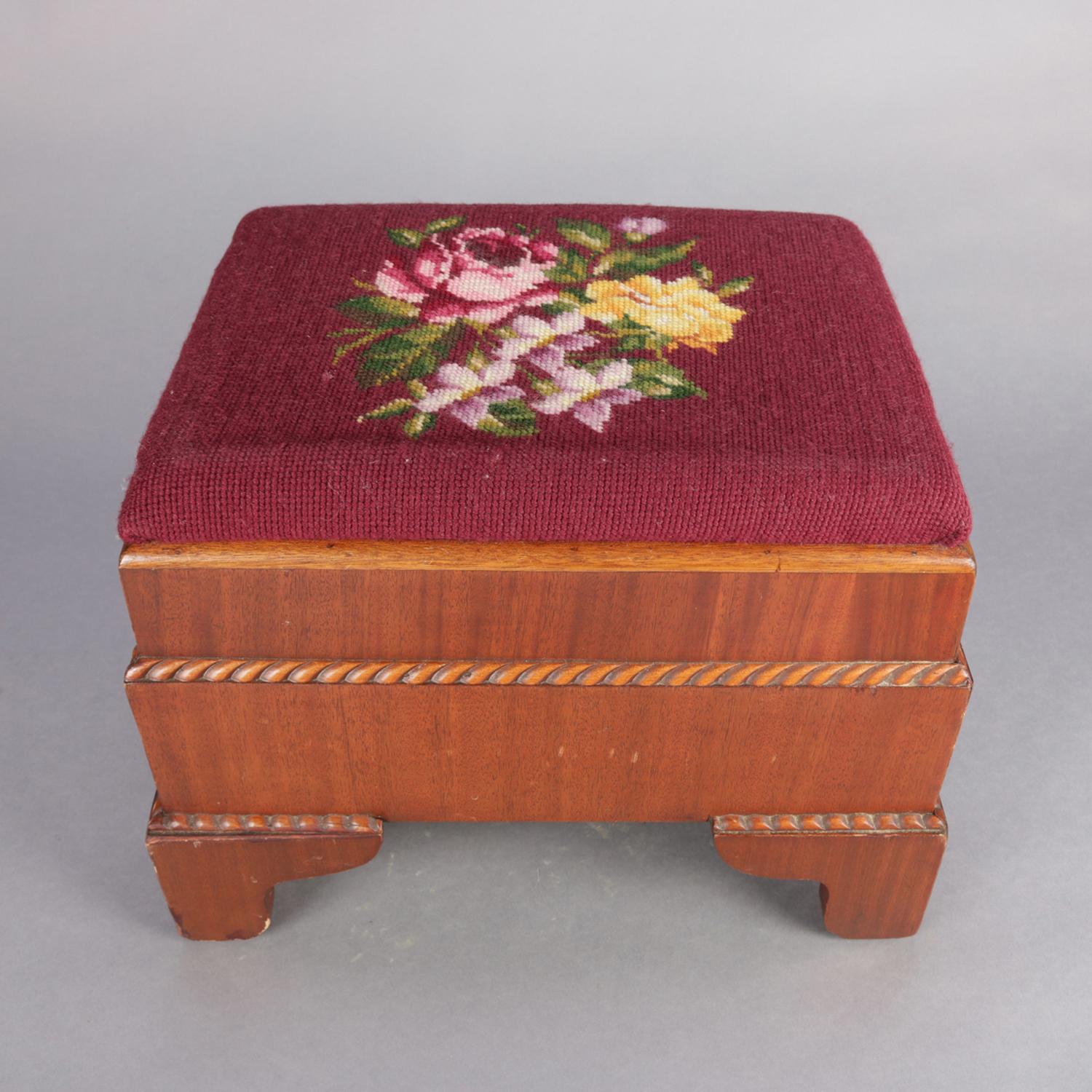 Upholstery Antique American Empire Carved Mahogany and Needlepoint Footstool, 20th Century